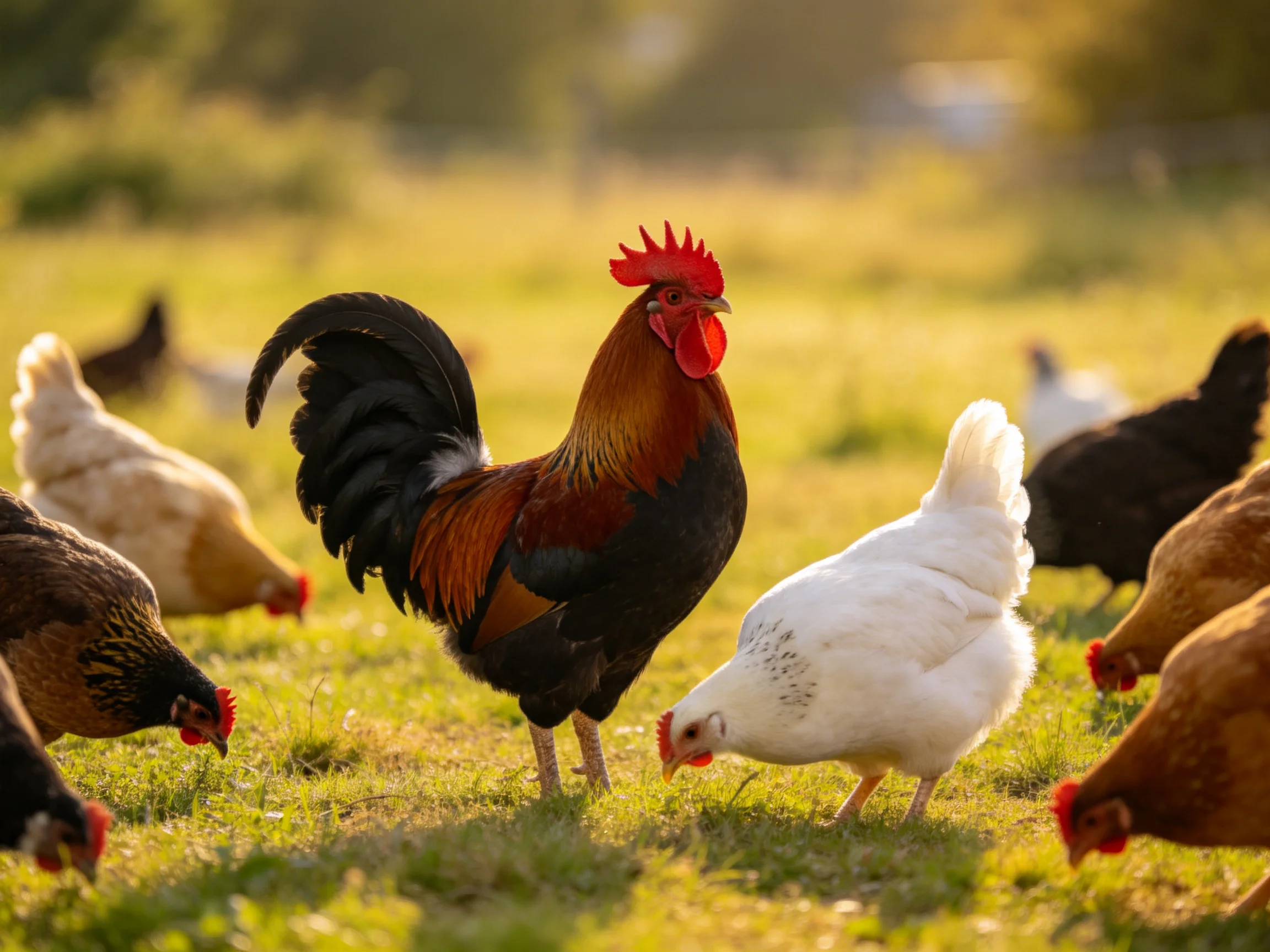 A vibrant rooster surrounded by multicolored hens grazing in a sunlit meadow