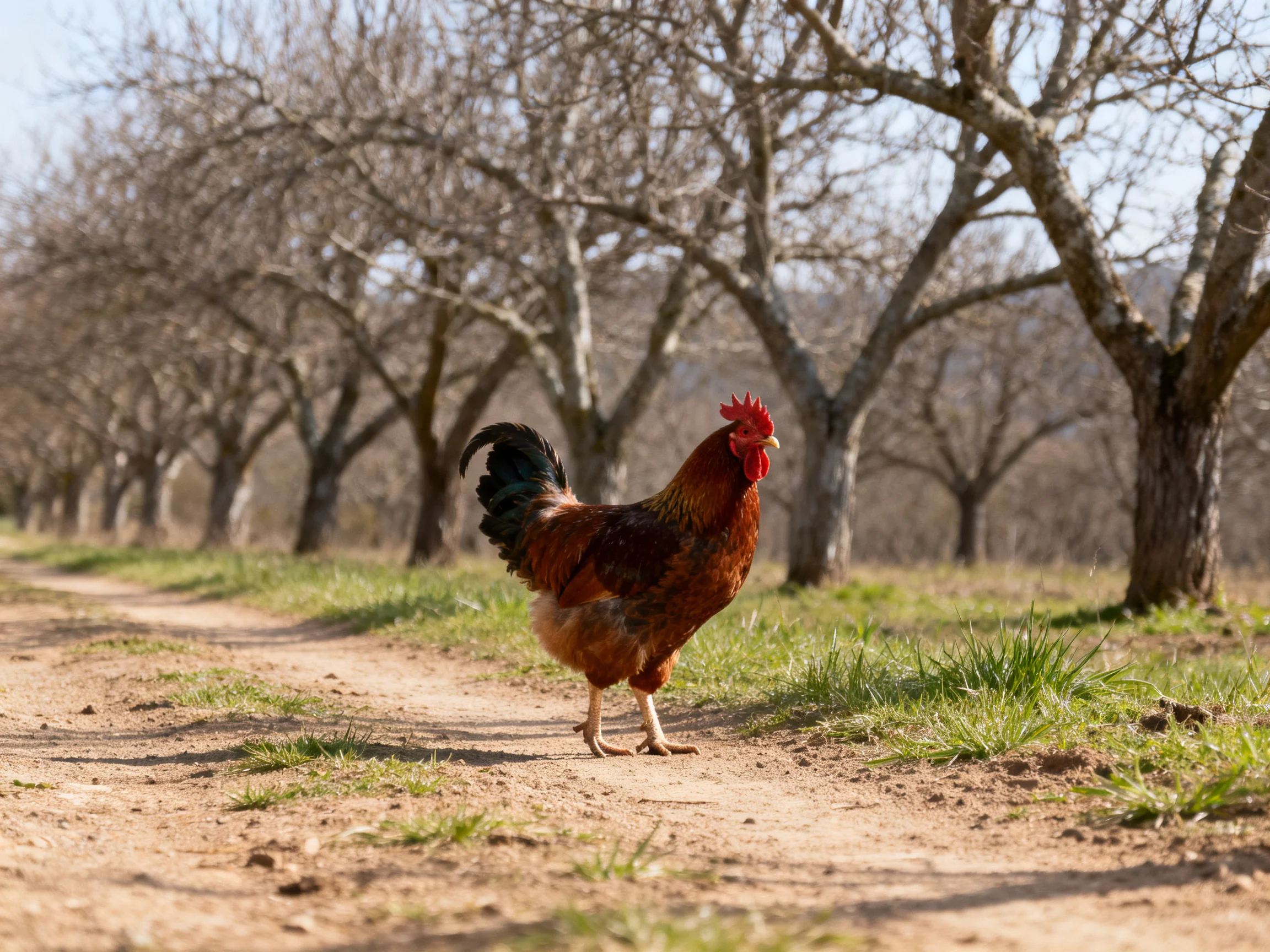 A vibrant rooster walks along a sunlit dirt path near leafless trees