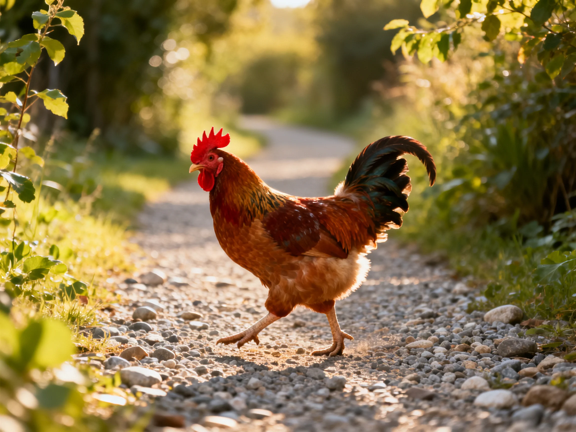 A vibrant rooster walks on a sunlit gravel path surrounded by lush greenery