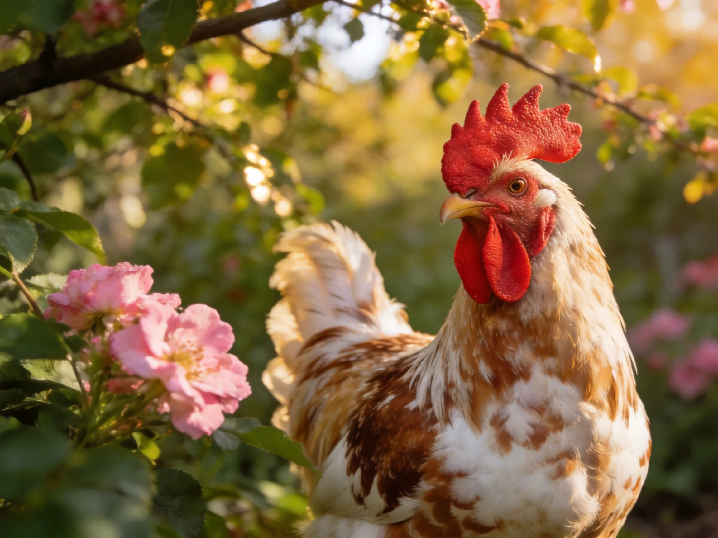 A rooster with a bright red comb stands beside pink roses and greenery in a sunlit garden.