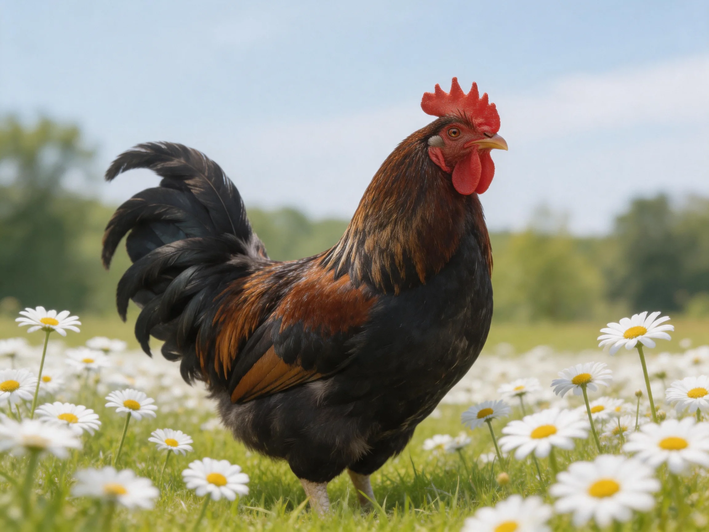 A vibrant rooster with black and brown plumage stands among white daisies in a sunny meadow