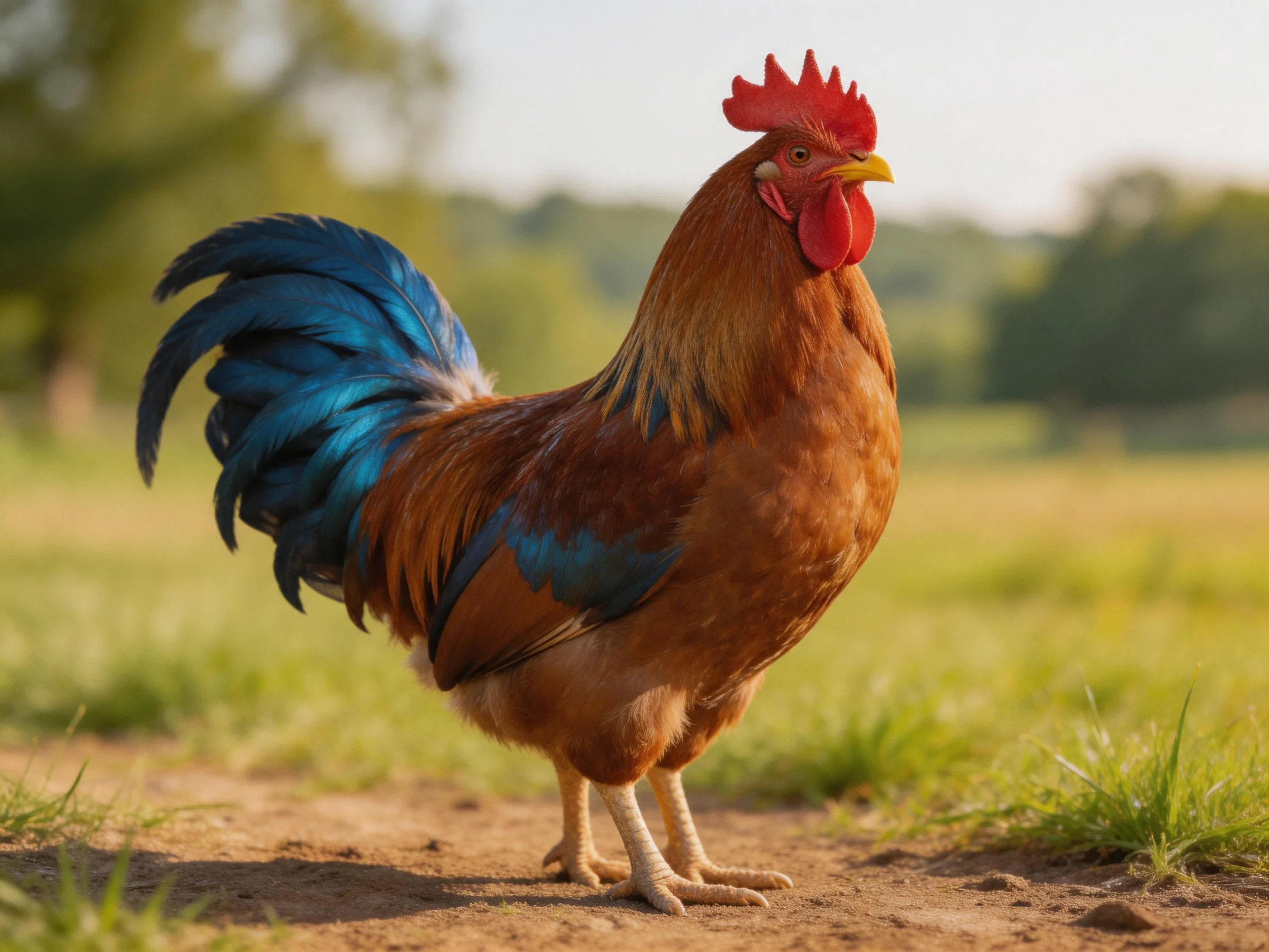 A vibrant rooster with blue tail feathers standing on a dirt path