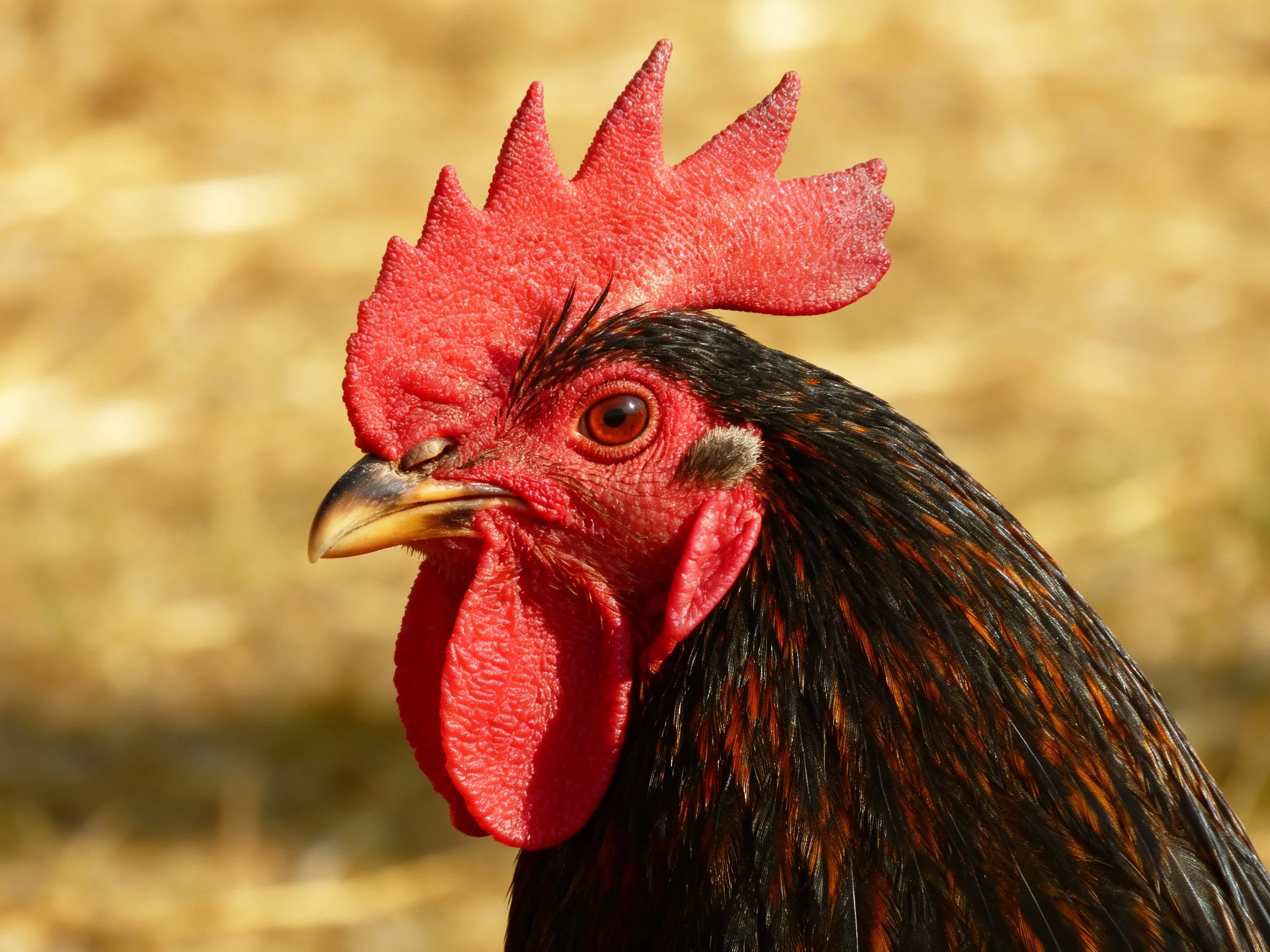 A vibrant rooster with bright red comb and dark brown feathers