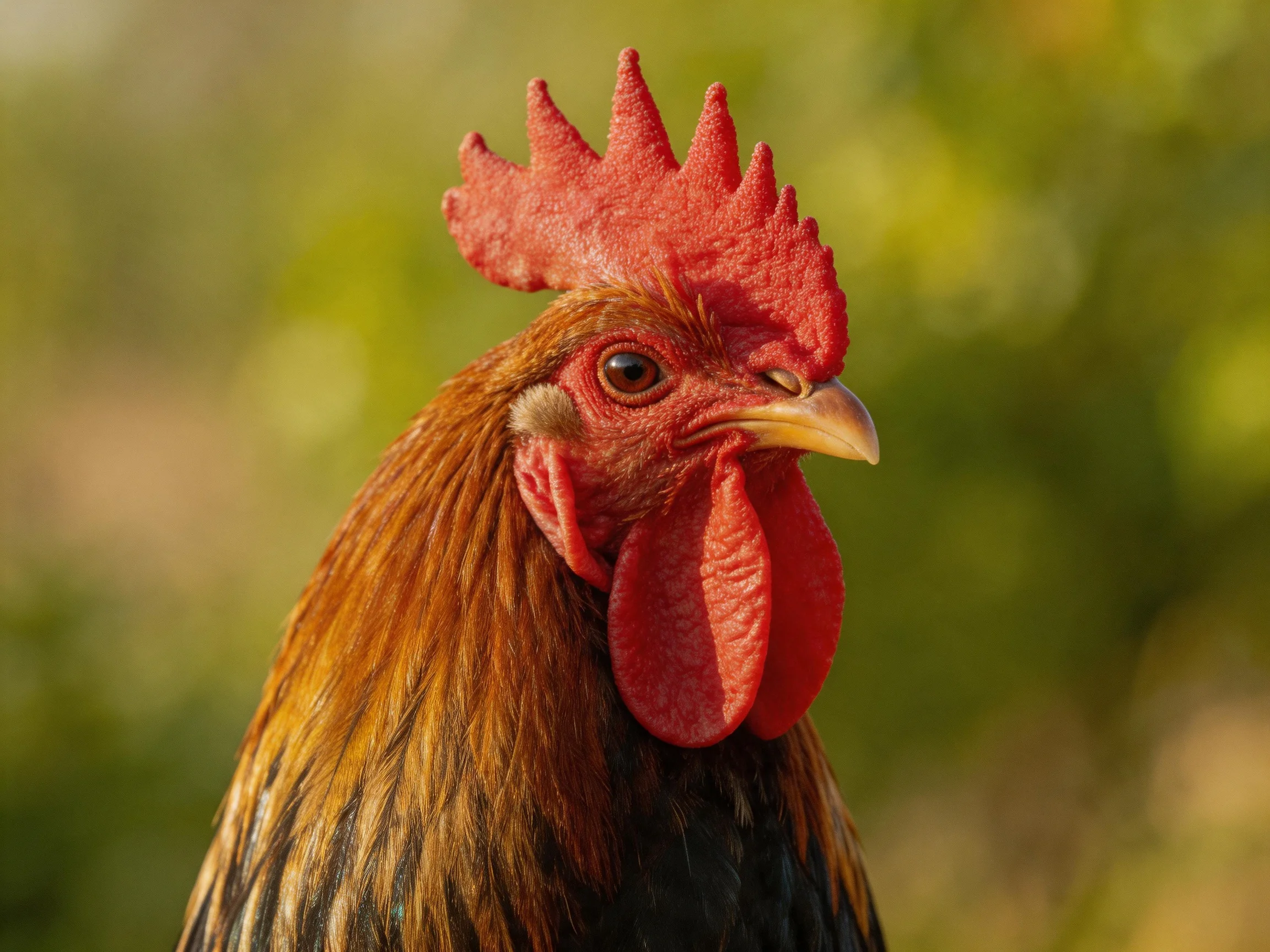 A vibrant rooster with bright red comb and golden-brown plumage