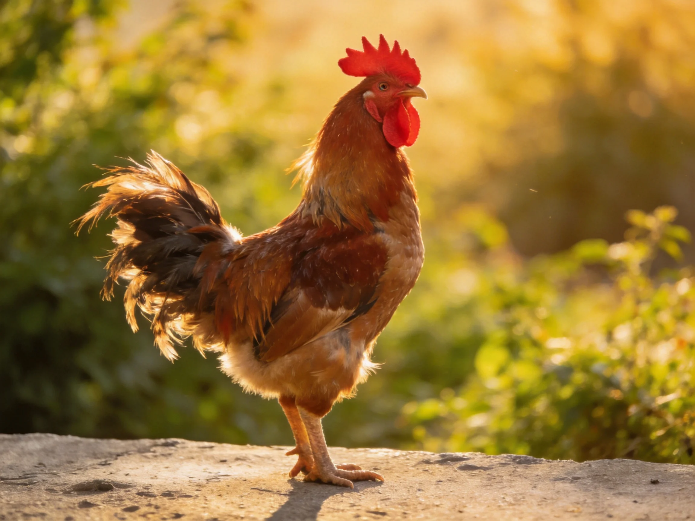 A vibrant rooster with bright red comb stands on a stone surface among sunlit greenery