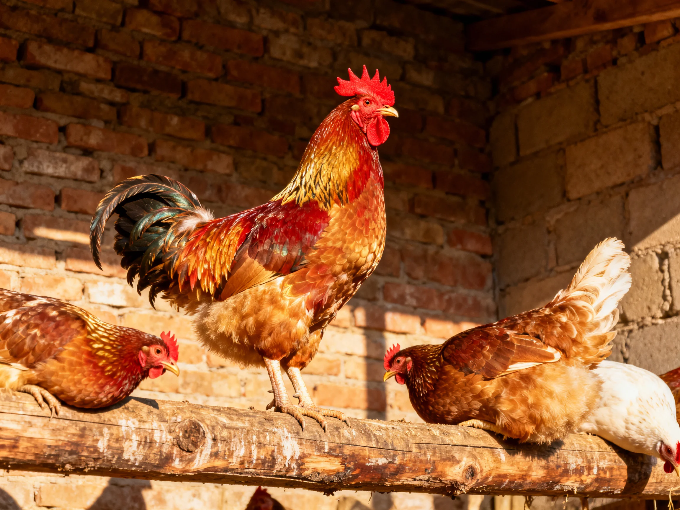 A rooster stands with hens on a wooden beam near brick walls
