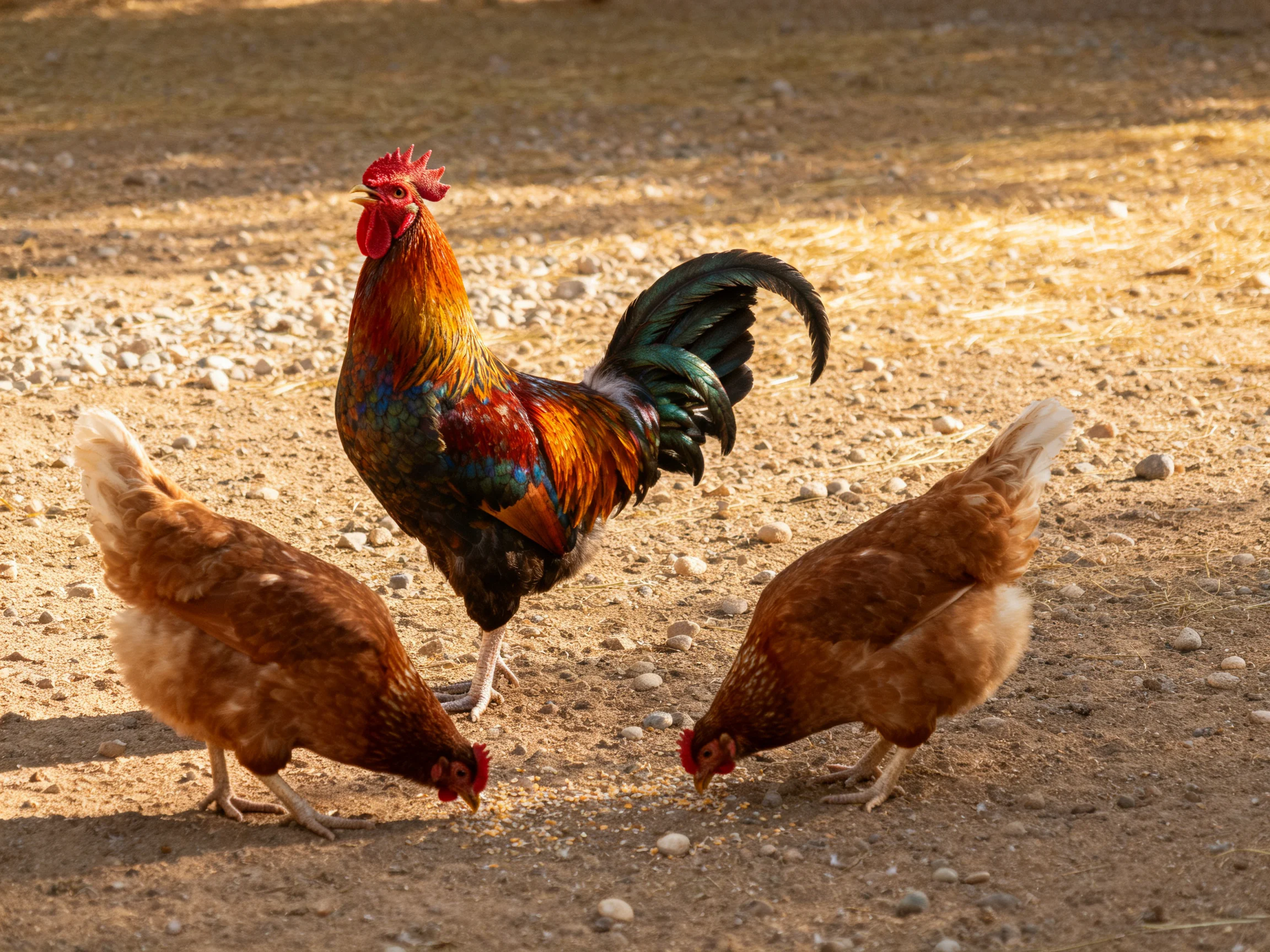 A rooster with colorful feathers is surrounded by two hens on a gravel path.