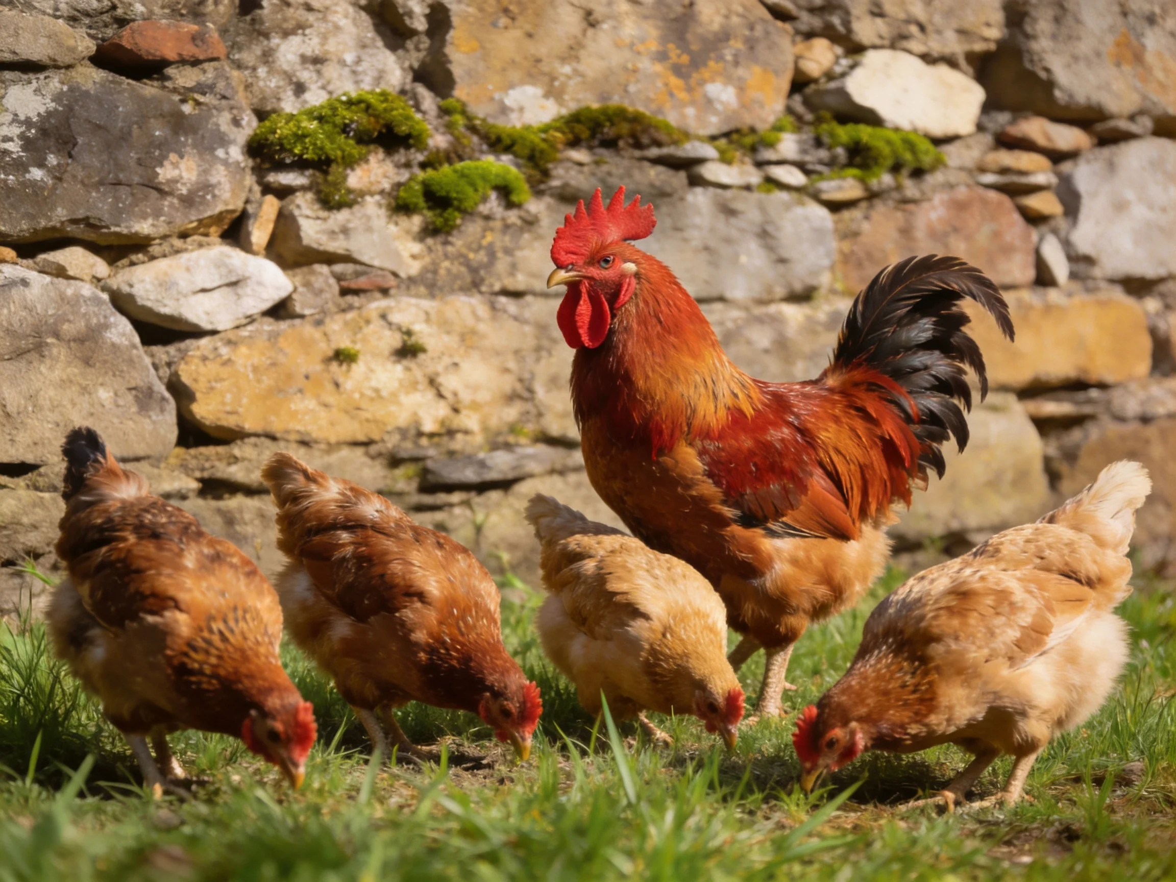 A vibrant rooster with five hens foraging by an aged stone wall