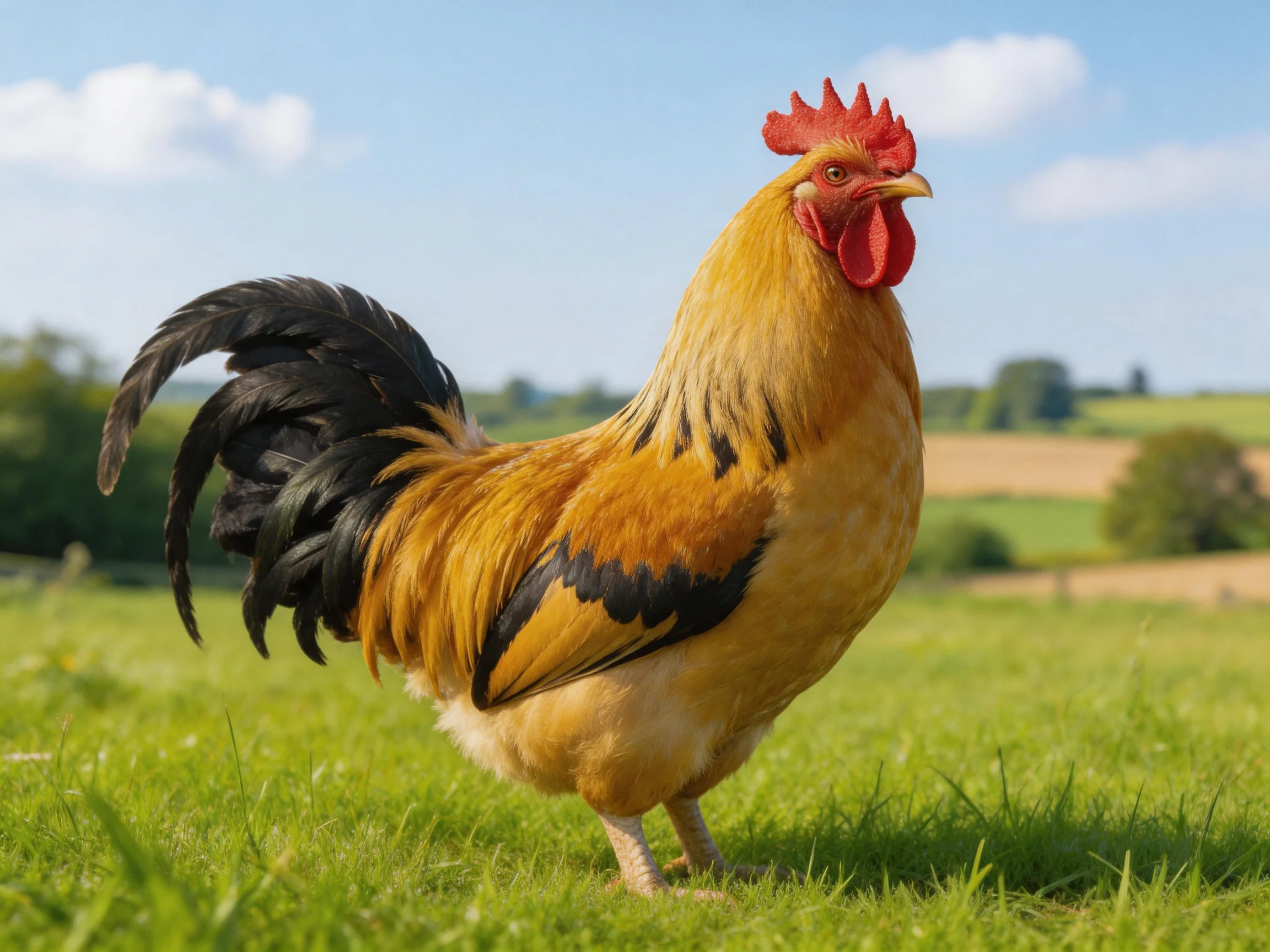 A vibrant rooster with golden plumage and black tail in a green field