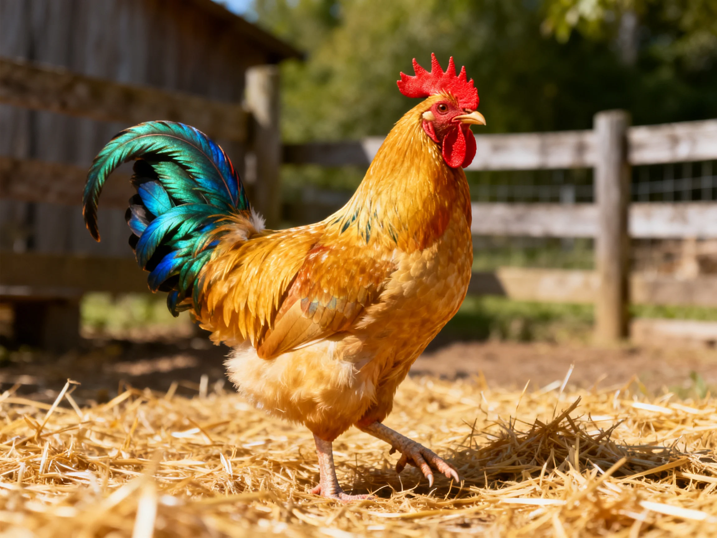 A rooster with golden feathers and colorful tail walks on straw near a wooden structure.