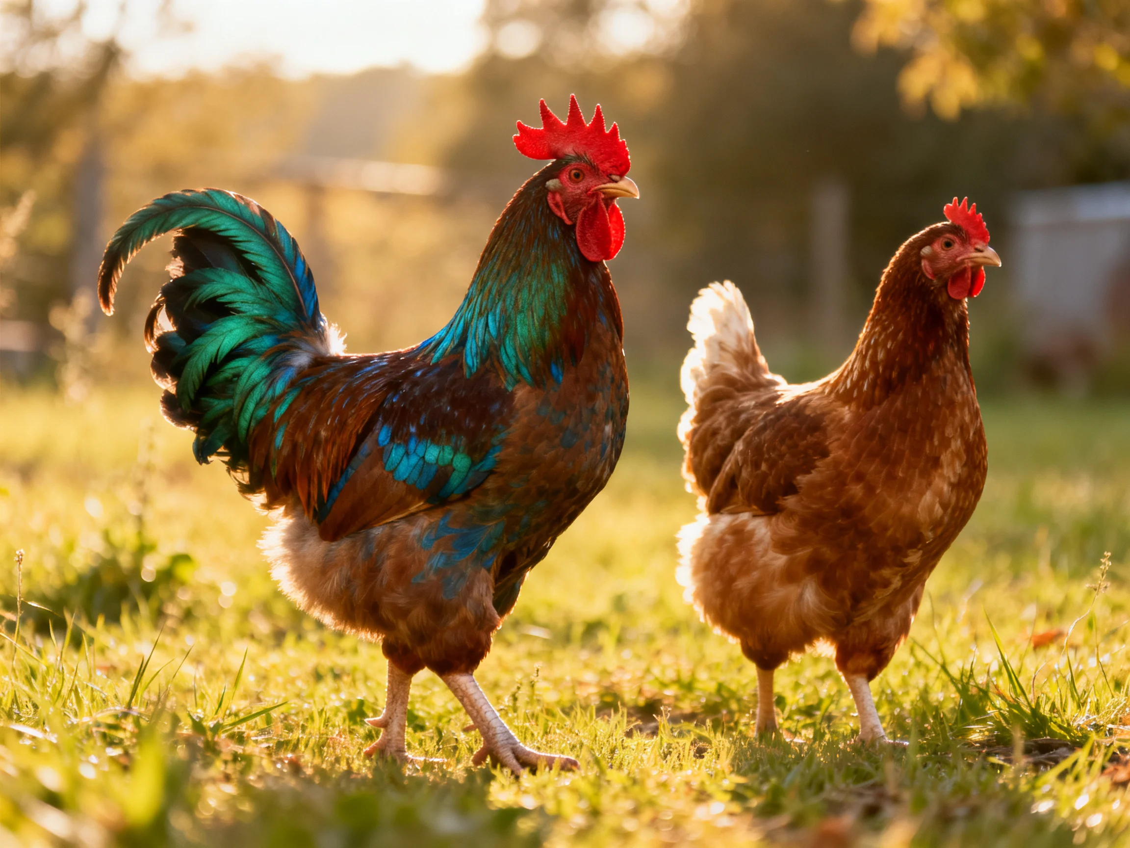 A rooster with iridescent feathers and a brown hen walk together in a sunlit grassy area.