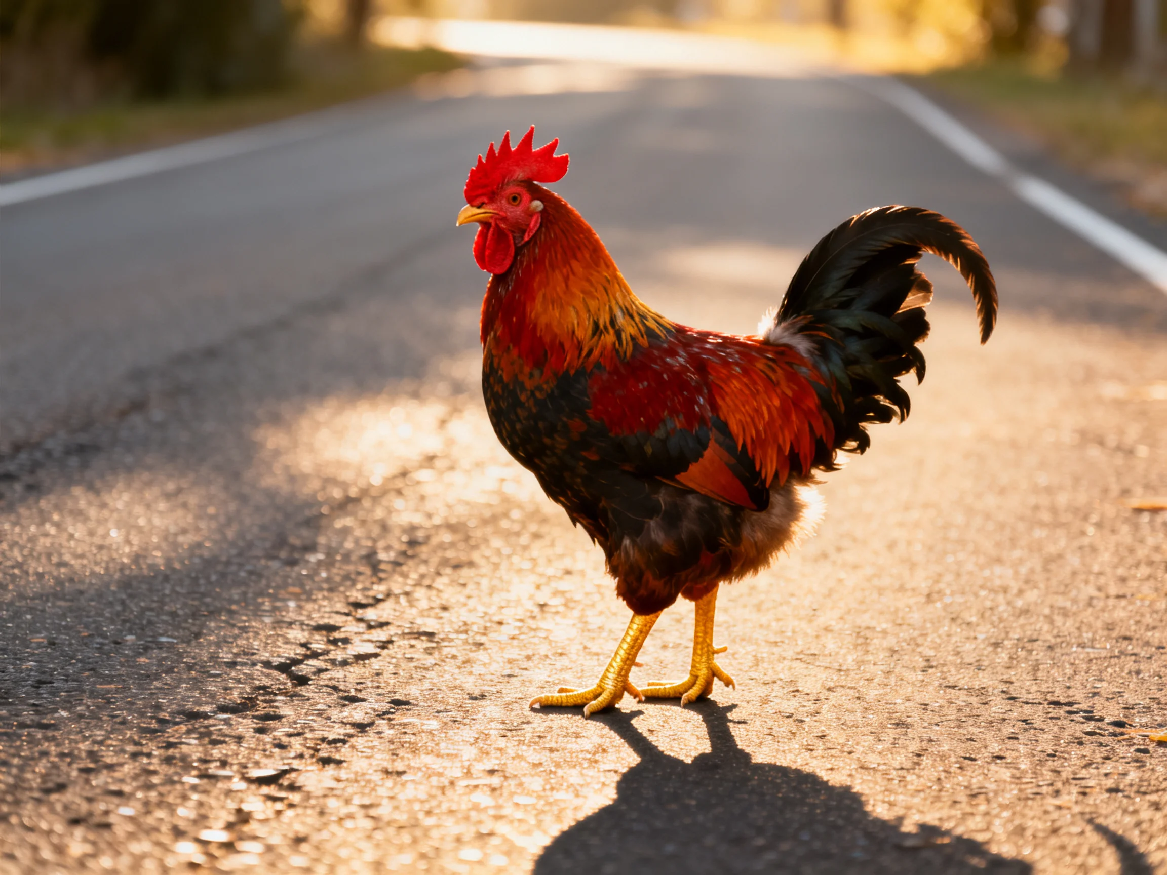 A vibrant rooster with multicolored feathers stands on a sunlit paved road