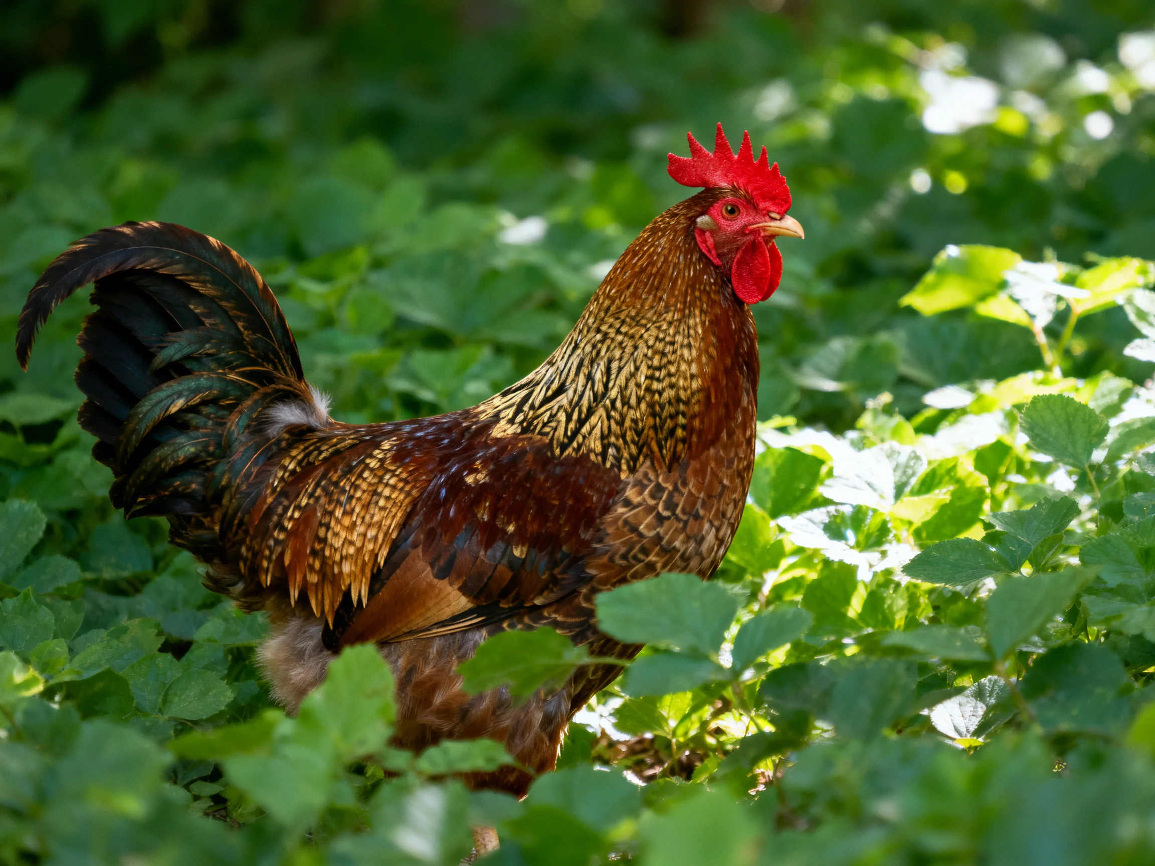 A vibrant rooster with multicolored plumage amidst lush green vegetation