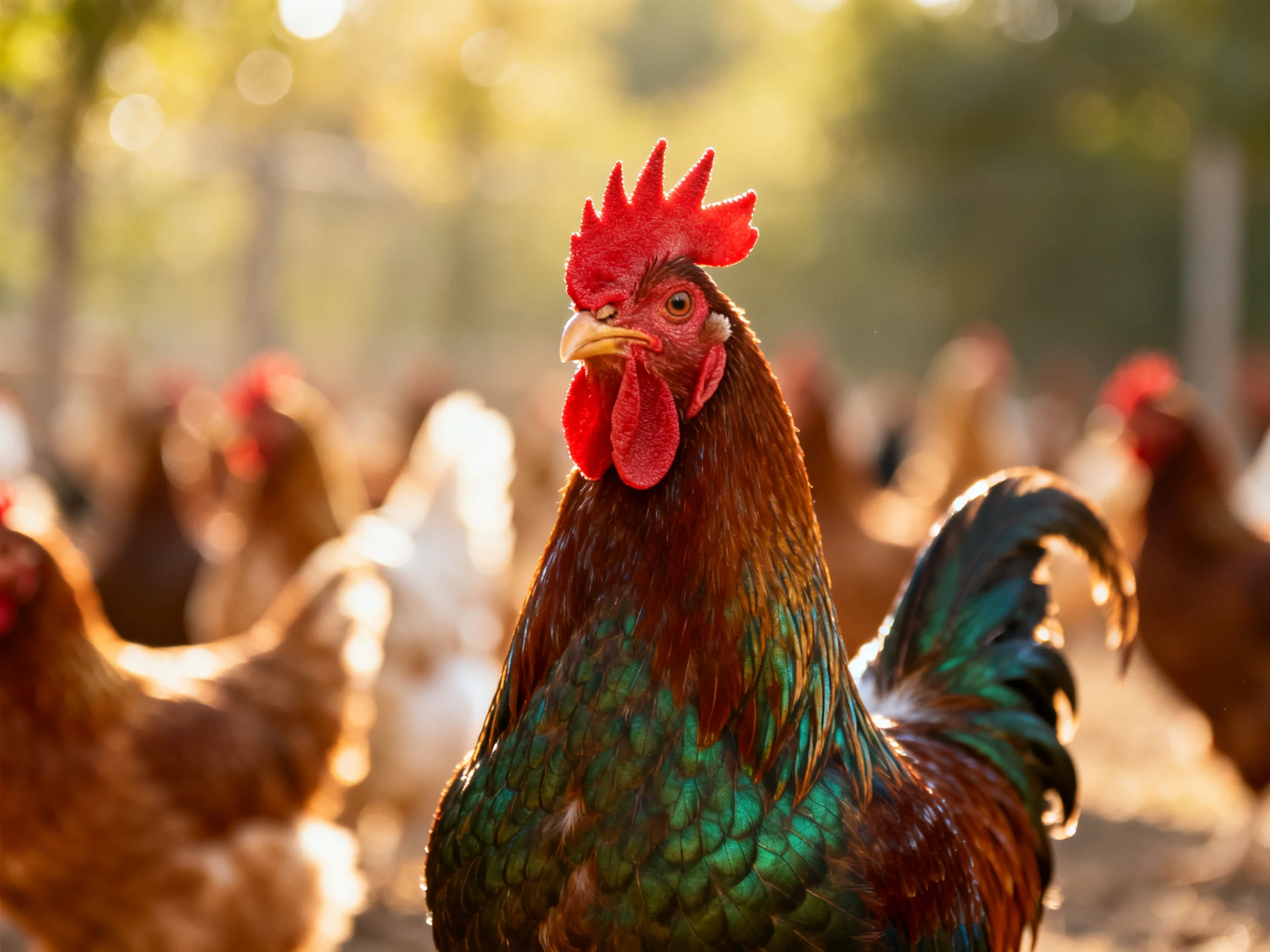 A vibrant rooster with multicolored plumage among a group of chickens