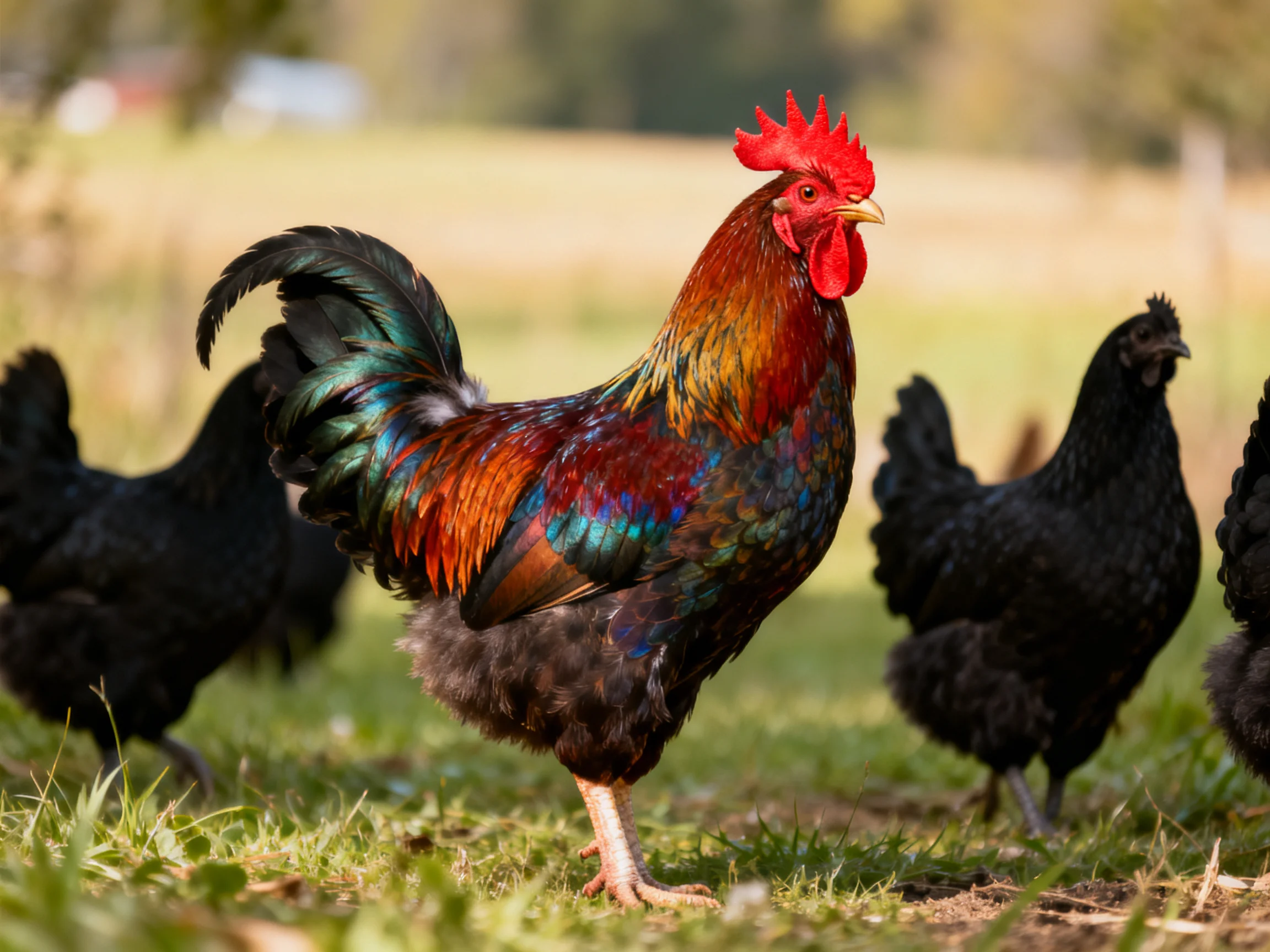 A vibrant rooster with multicolored plumage among black hens in a sunlit pasture