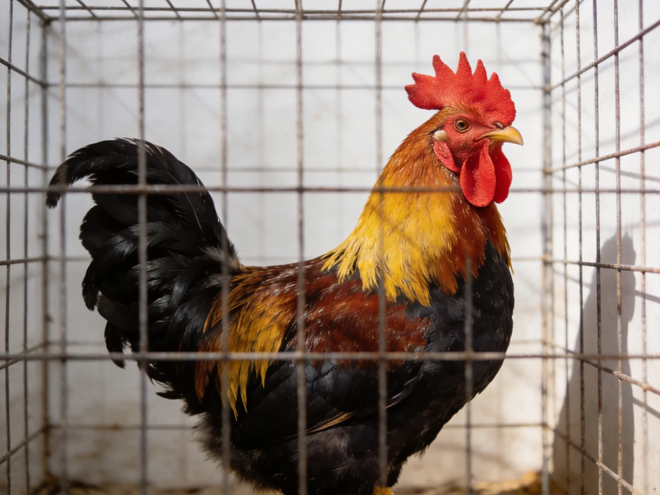 A vibrant rooster with multicolored plumage in a metal cage