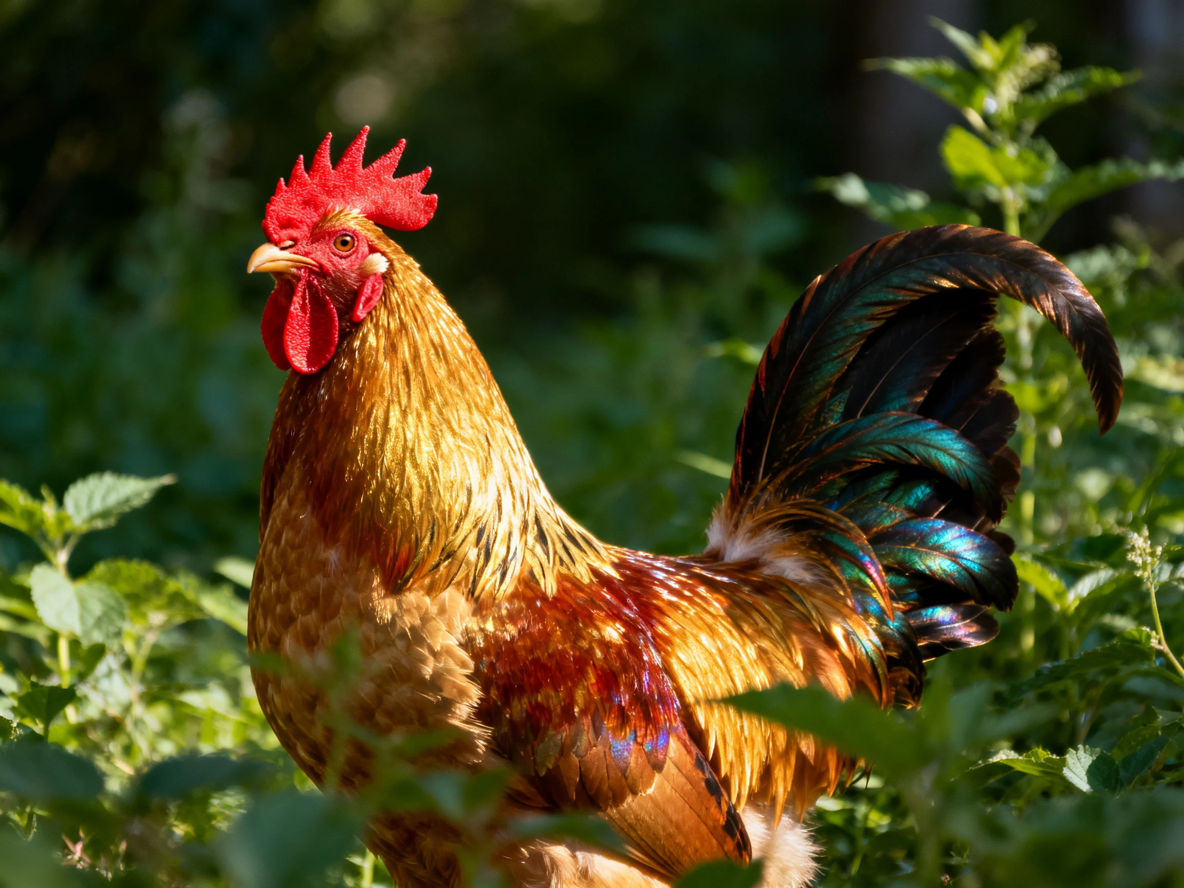 A vibrant rooster with multicolored plumage in lush greenery