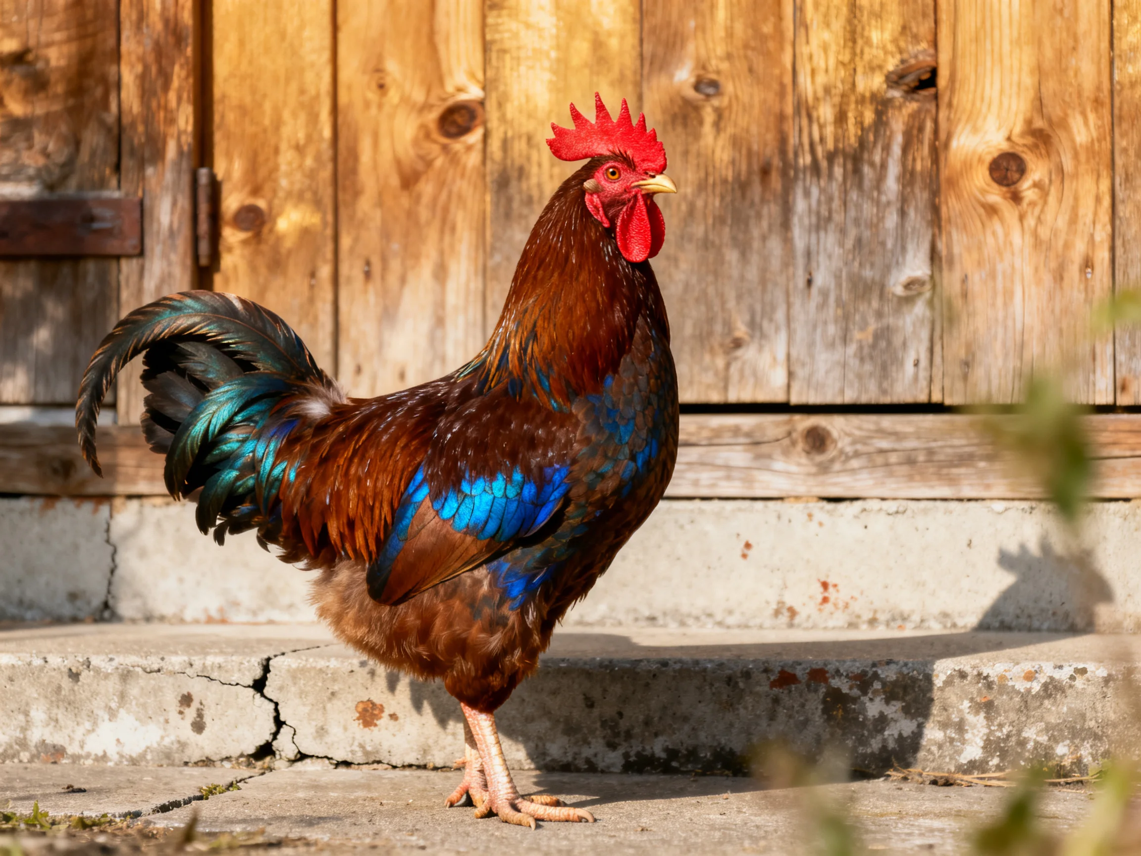 A vibrant rooster with multicolored plumage near weathered wood