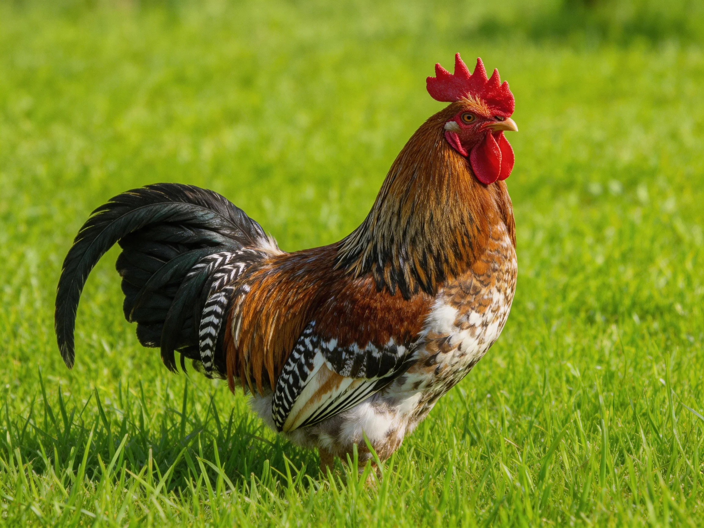 A vibrant rooster with multicolored plumage standing on lush green grass