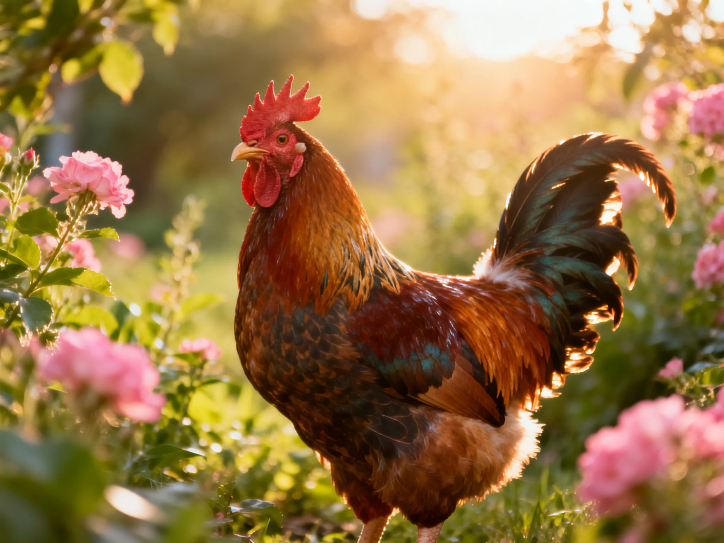 A vibrant rooster with multicolored plumage stands among blooming pink roses in a sunlit garden
