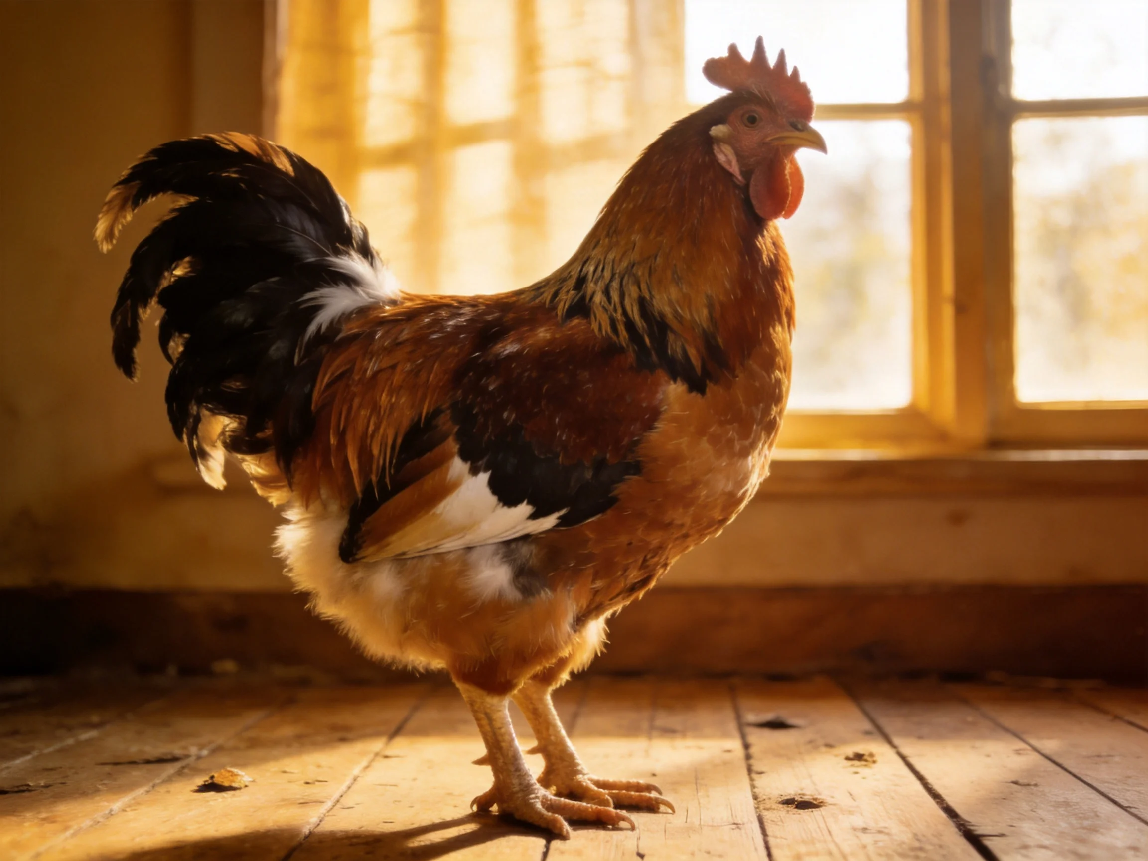 A vibrant rooster with multicolored plumage stands by a sunlit wooden window