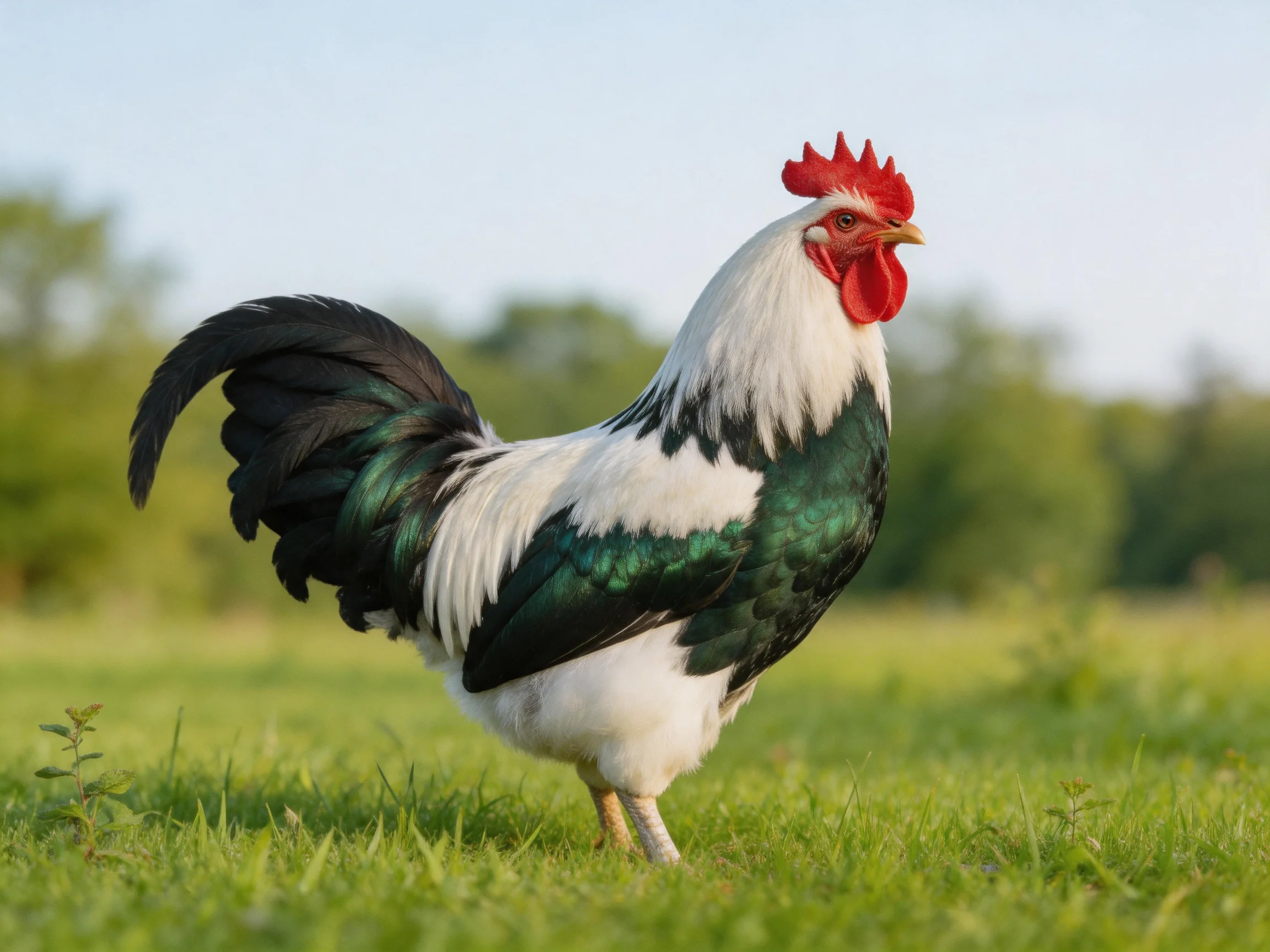 A vibrant rooster with multicolored plumage stands on lush green grass