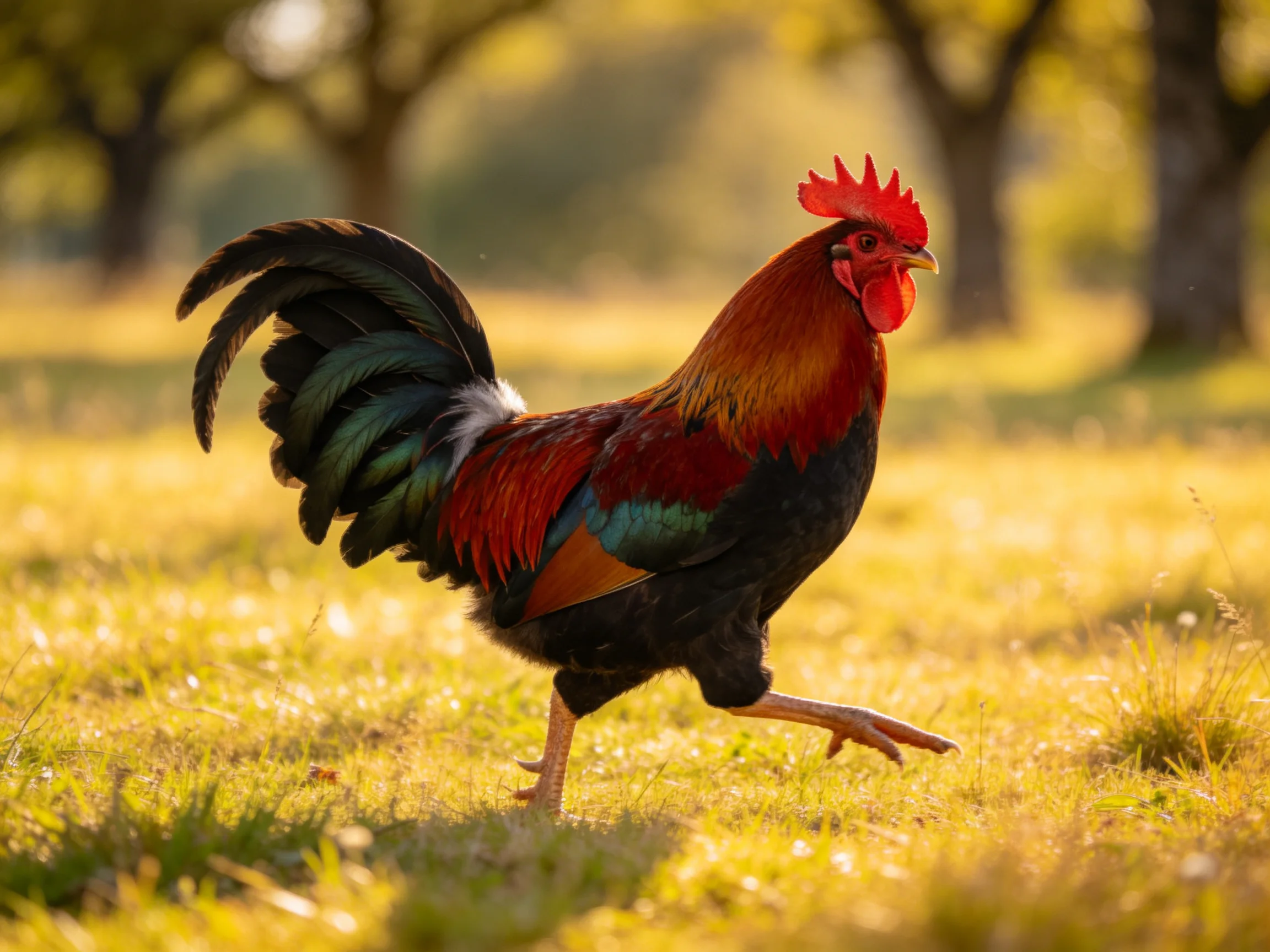 A vibrant rooster with multicolored plumage struts through a sunlit meadow