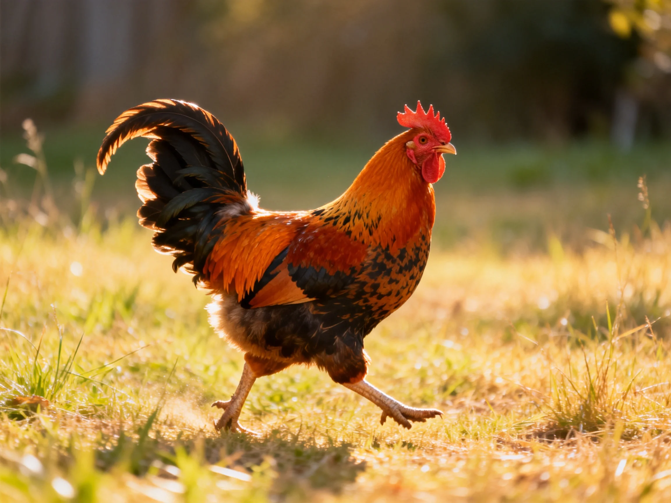 A vibrant rooster with orange and black plumage walks through sunlit grass