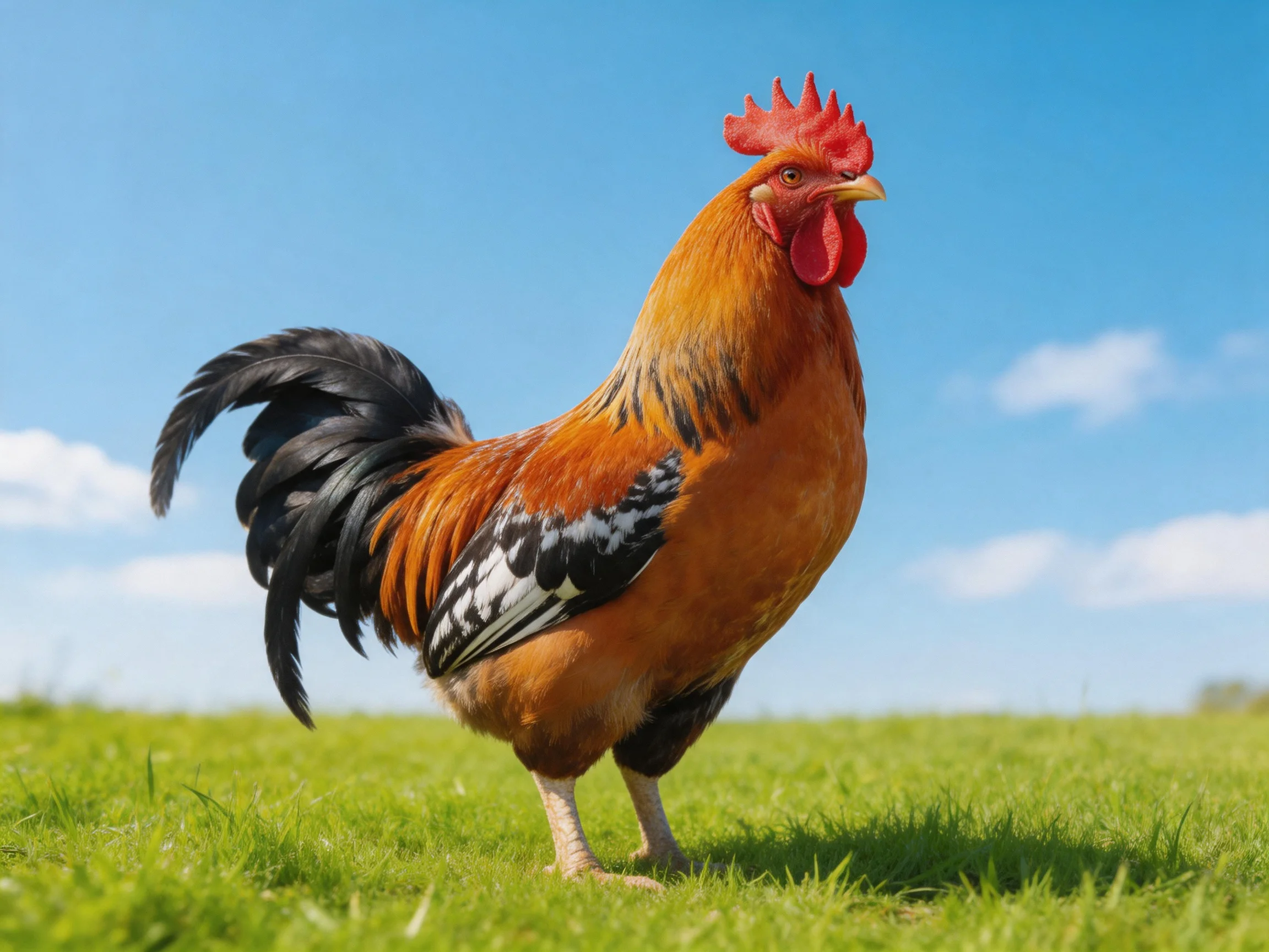 A vibrant rooster with orange plumage stands on lush green grass under clear blue sky