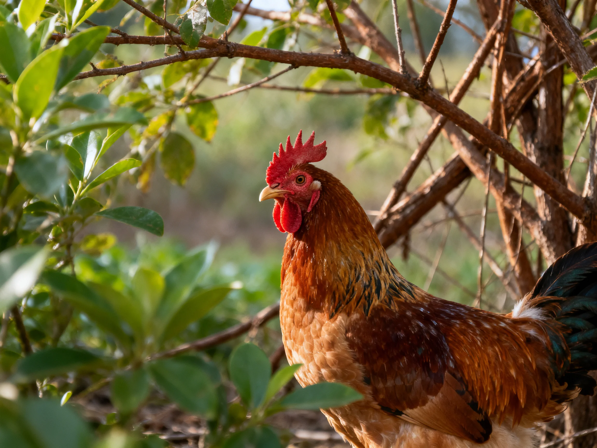 A vibrant rooster with red comb amid green foliage and brown branches