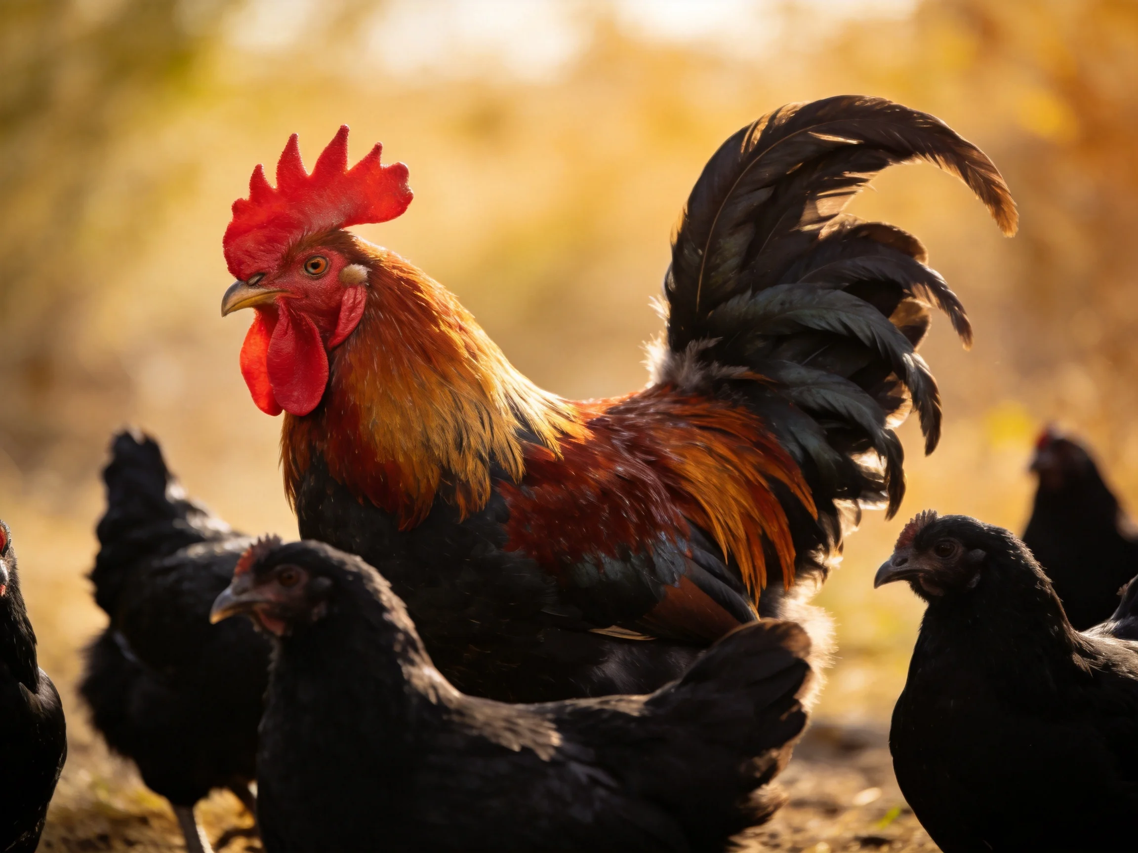 A vibrant rooster with red comb among black hens in golden sunlight