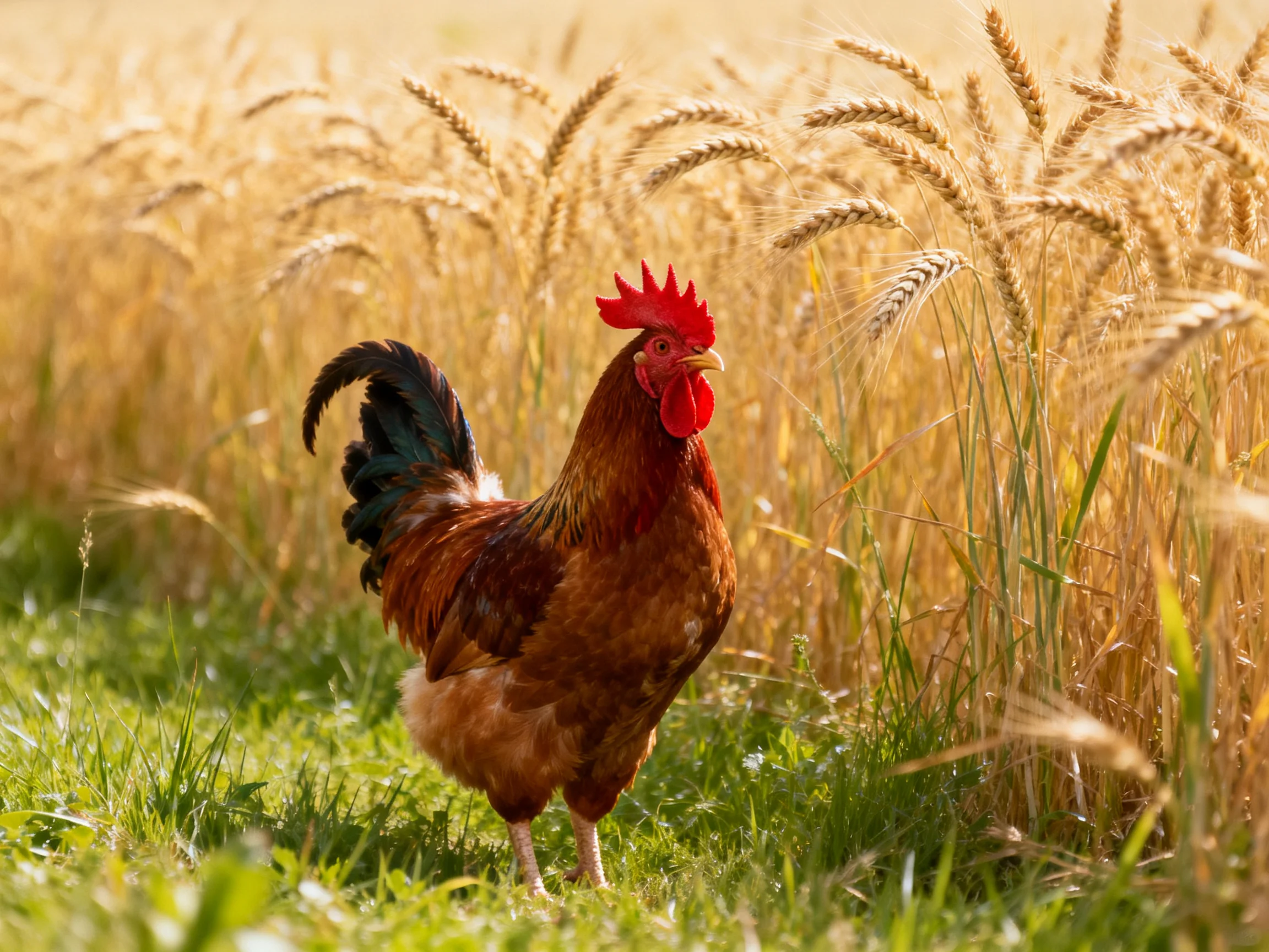 A rooster with a red comb explores a sunlit wheat field.