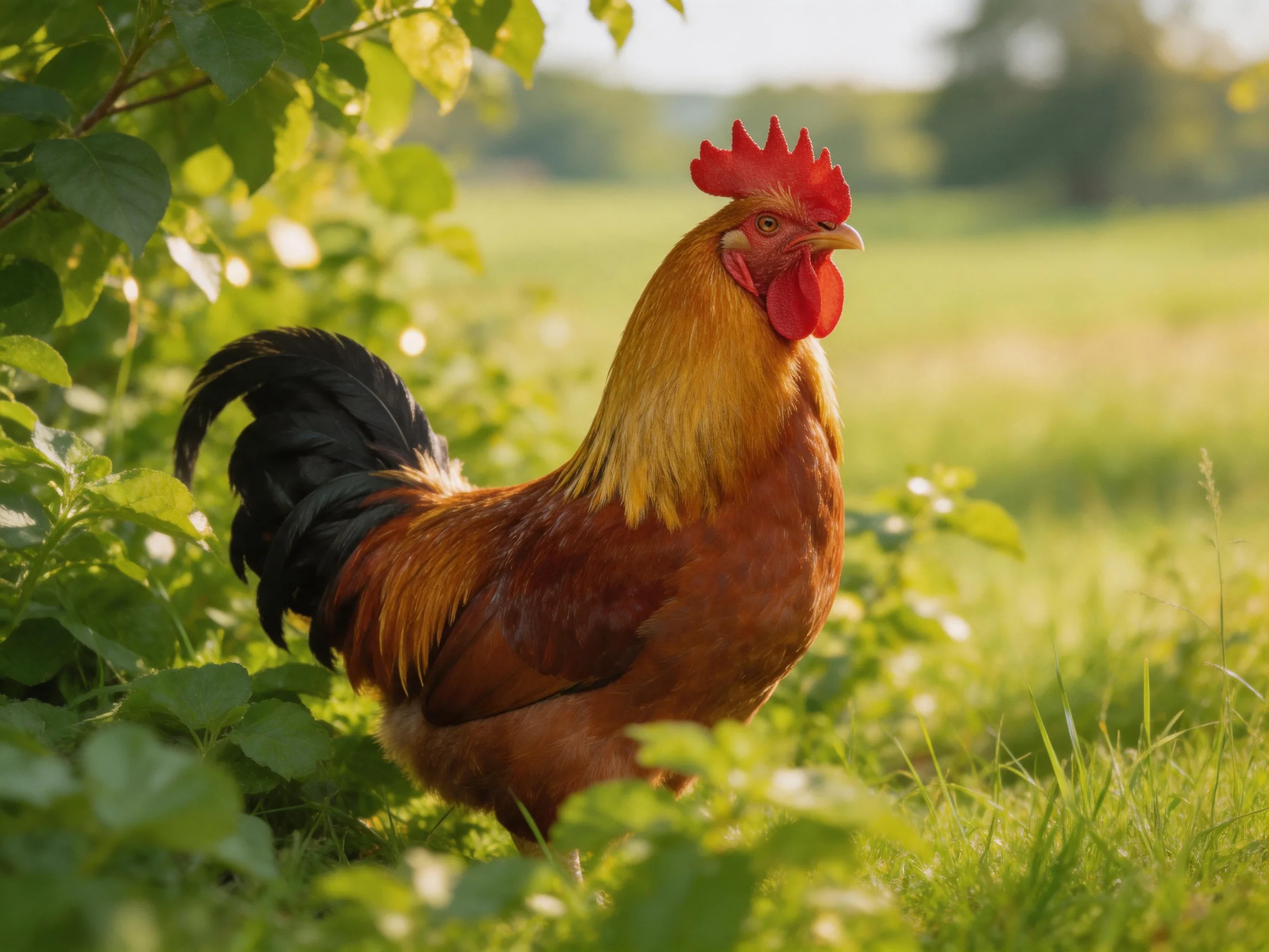 A rooster with colorful plumage stands in a sunlit, verdant landscape.