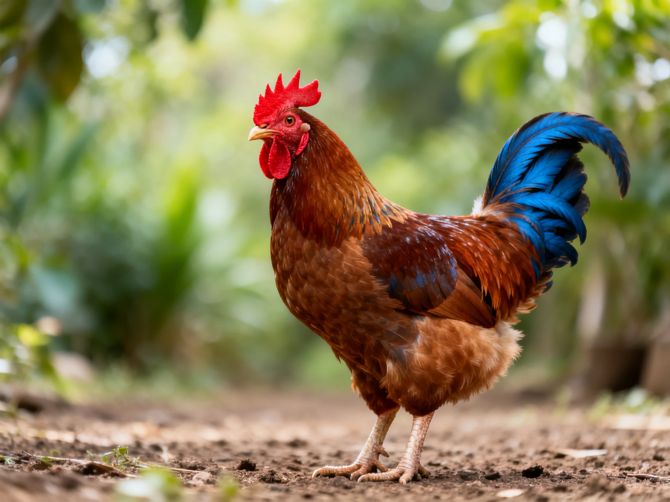 A vibrant rooster with red comb and blue tail on dirt path