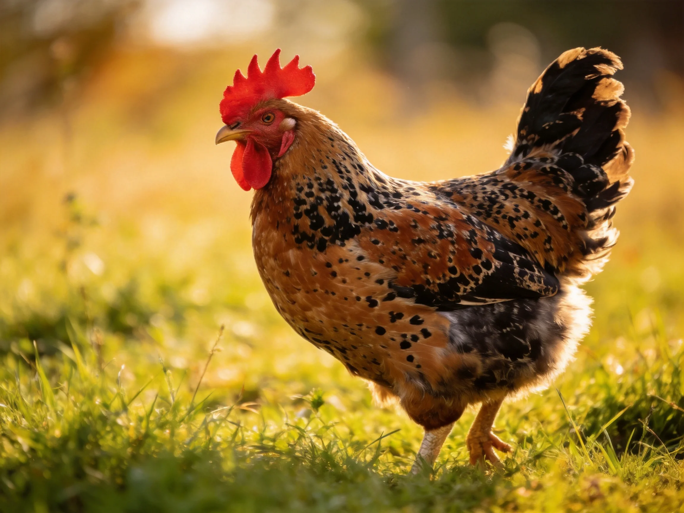 A vibrant rooster with red comb and brown-black speckled plumage walking on sunlit grass