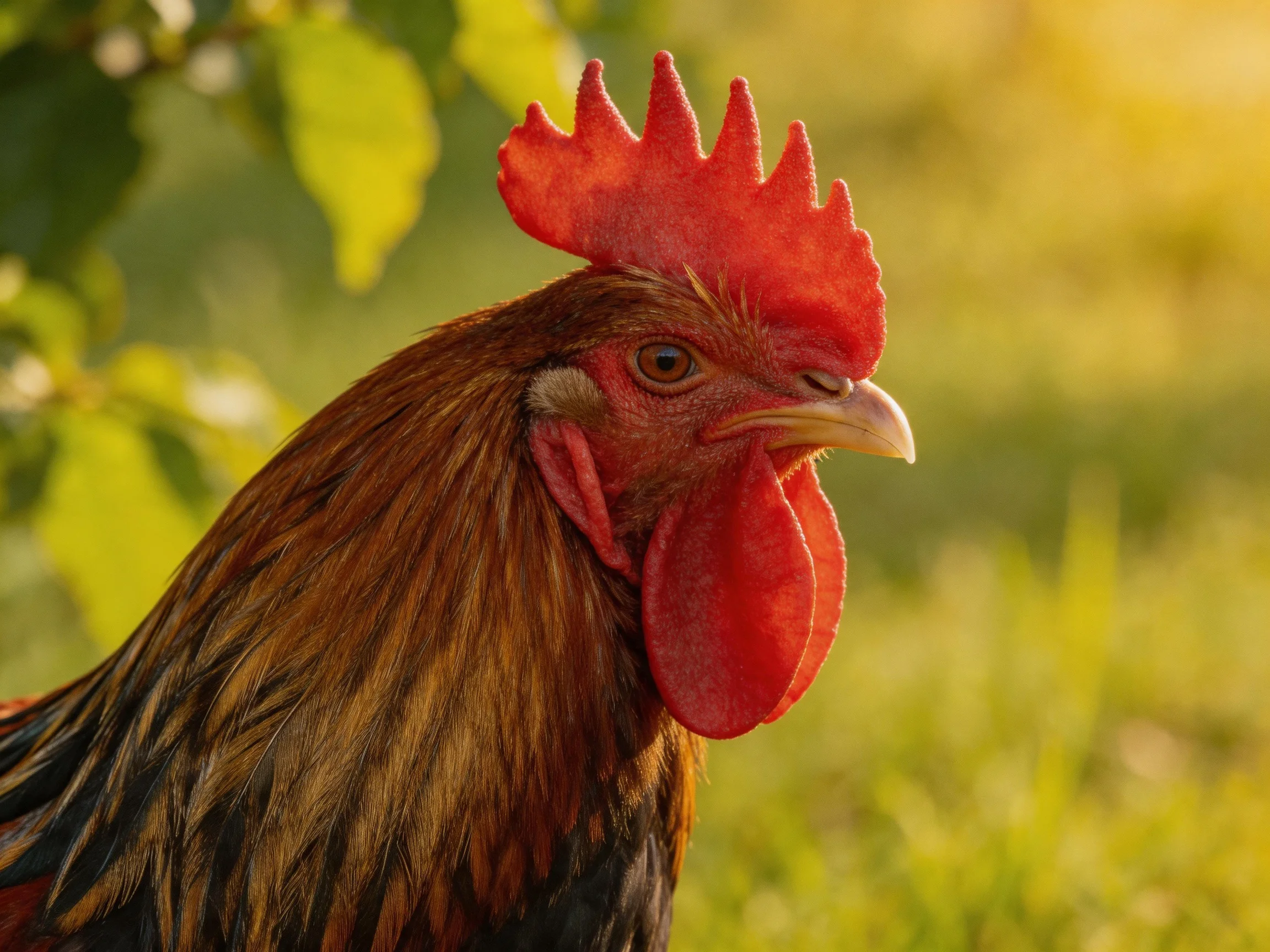 A rooster with a bright red comb stands in a sunlit green field.