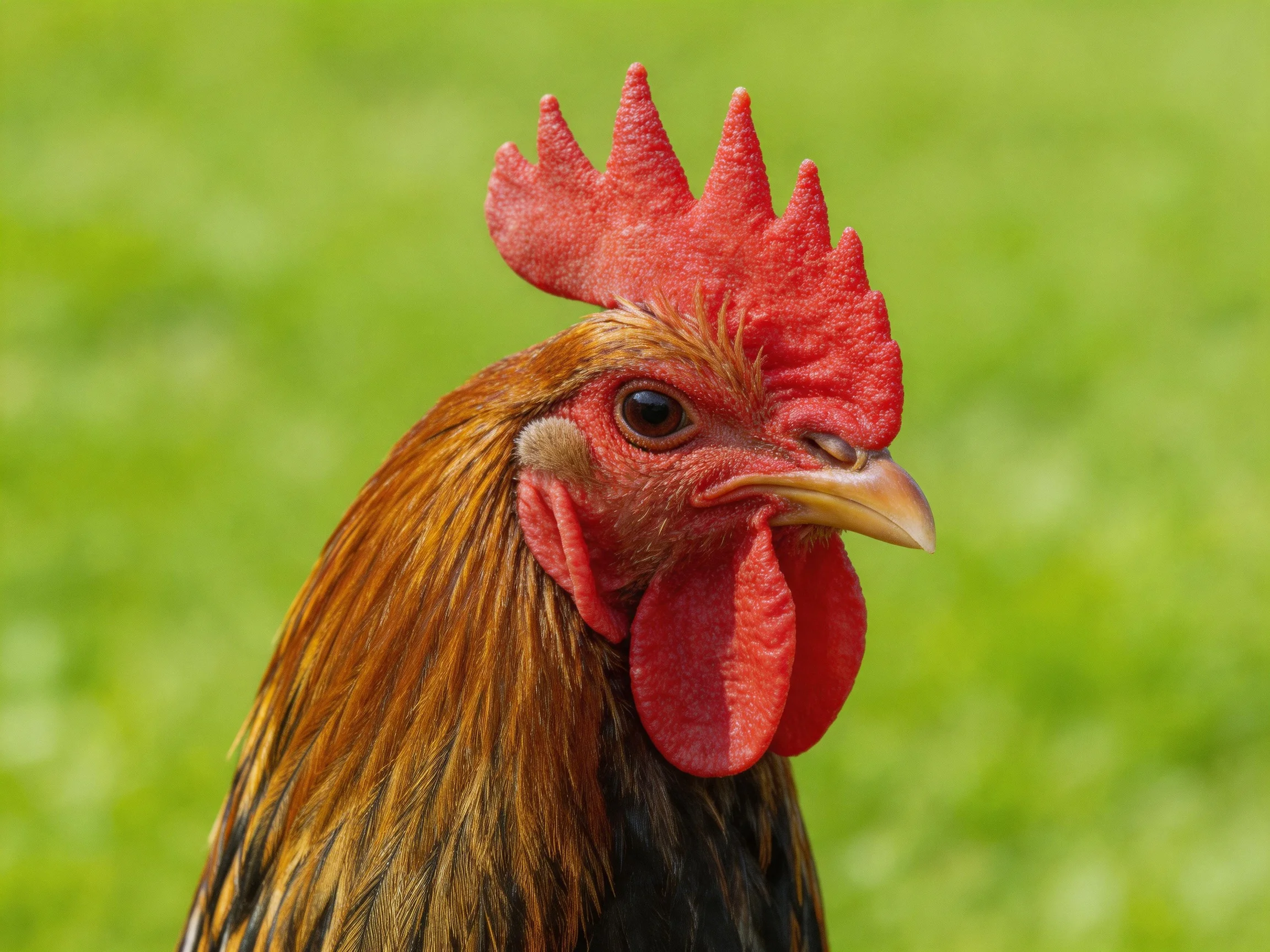 A vibrant rooster with red comb and brown feathers on green field