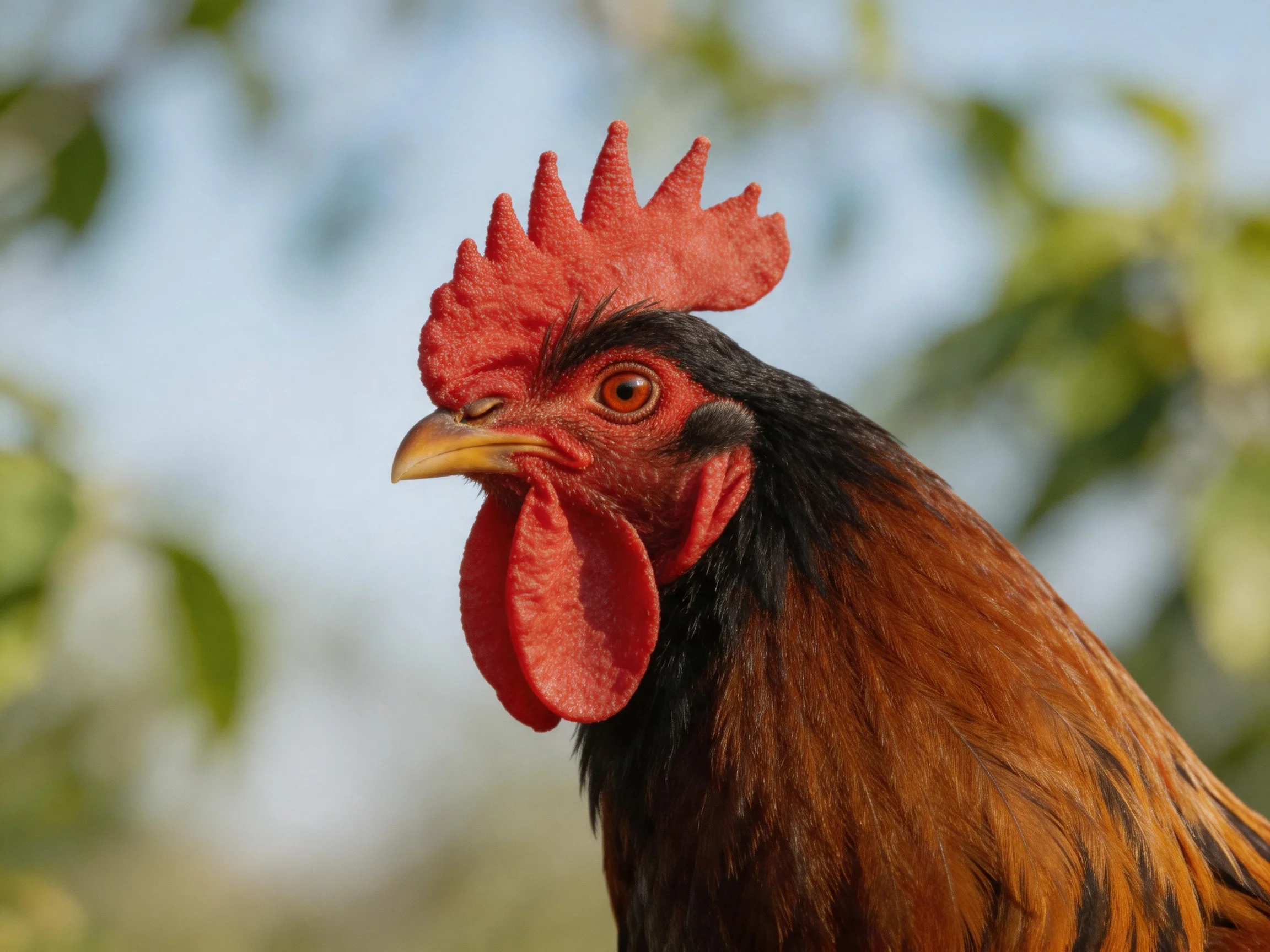 A vibrant rooster with red comb and brown feathers outdoors