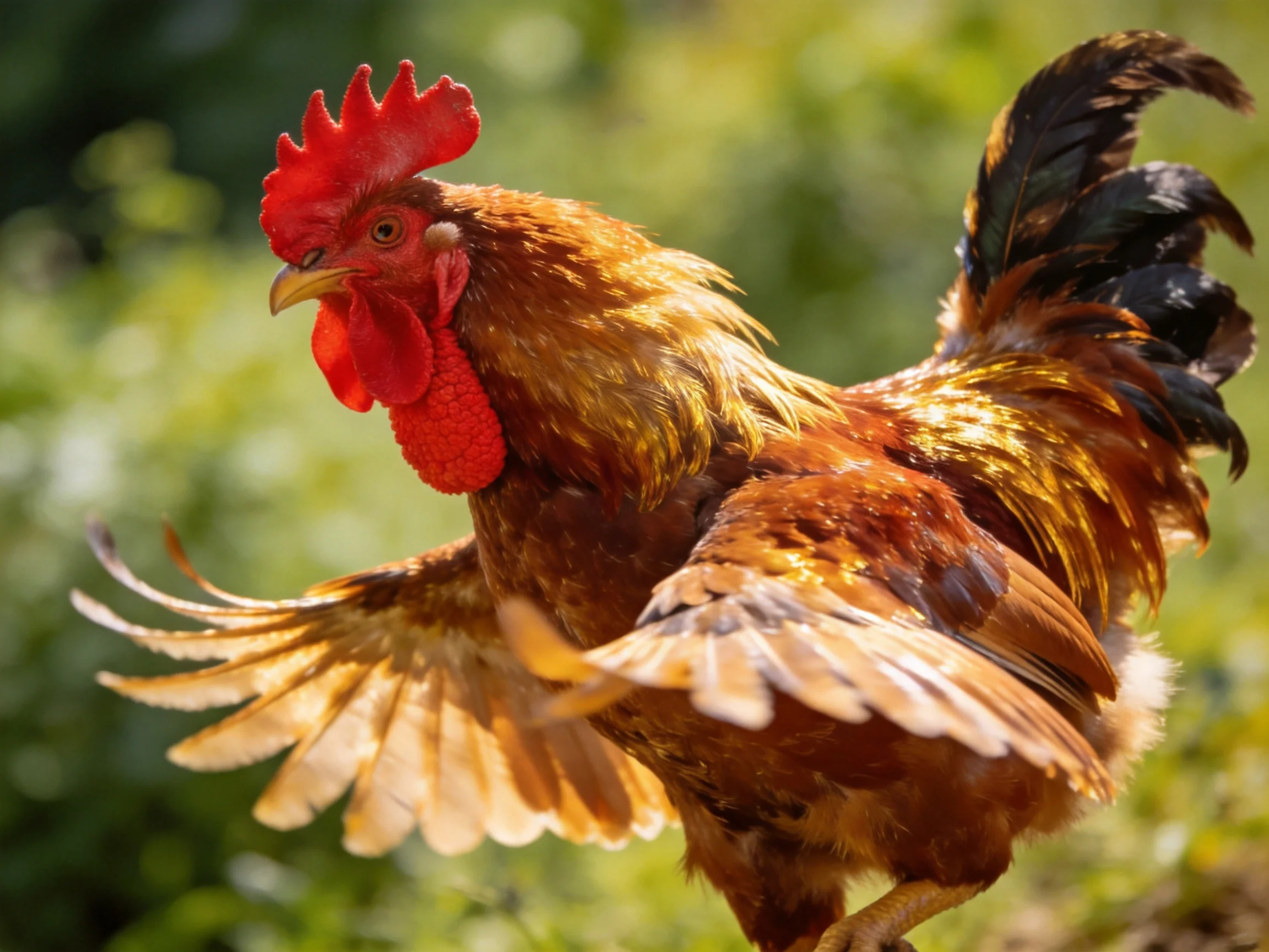 A vibrant rooster with red comb and brown feathers spreading wings