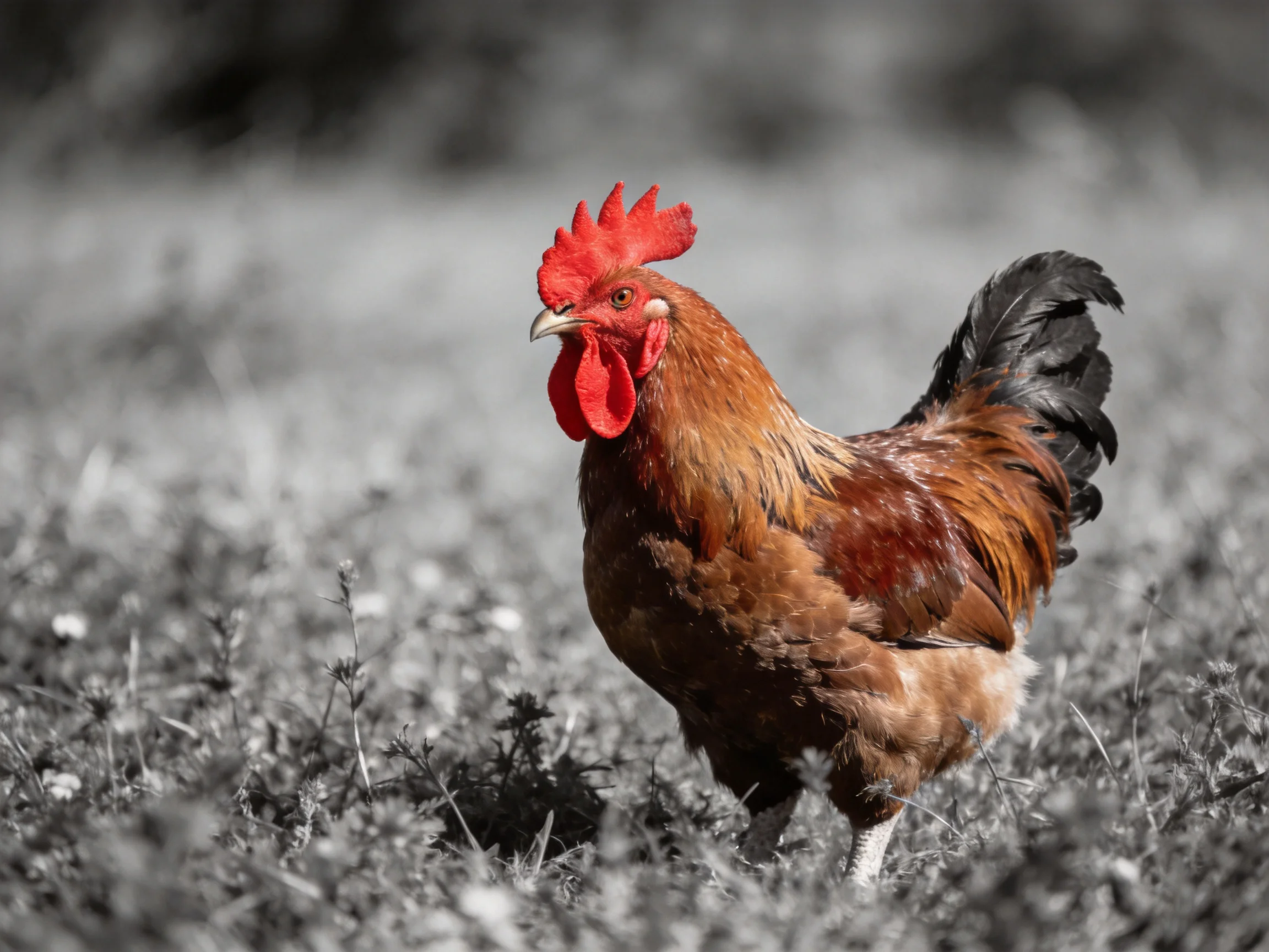A vibrant rooster with red comb and brown plumage in a blurred natural setting