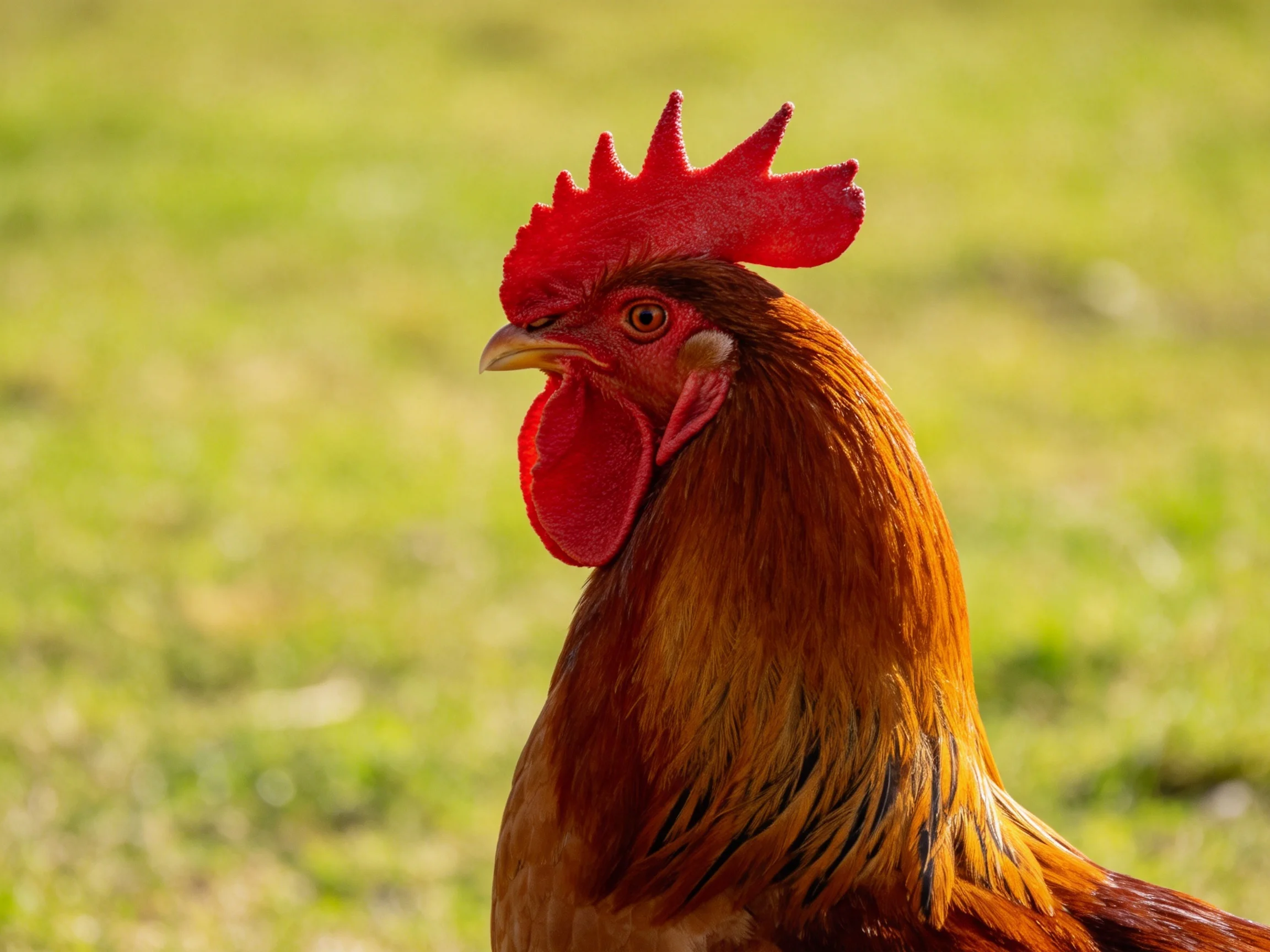 A rooster with a bright red comb stands amidst a sunlit green field.