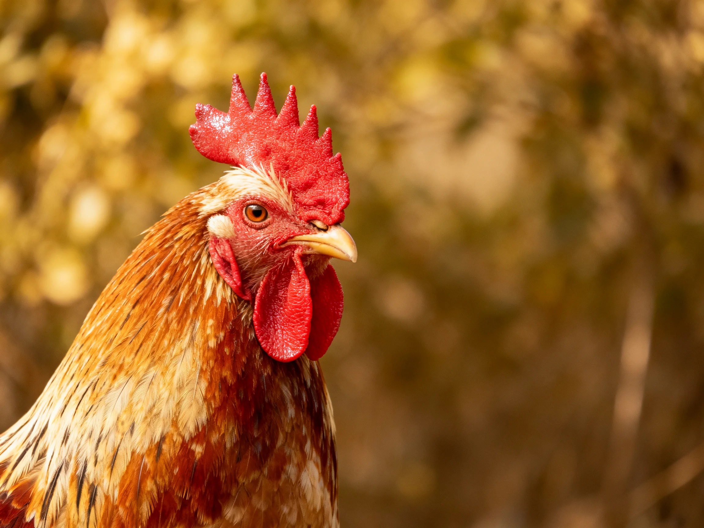 A rooster with a bright red comb is centered against a softly blurred natural background.