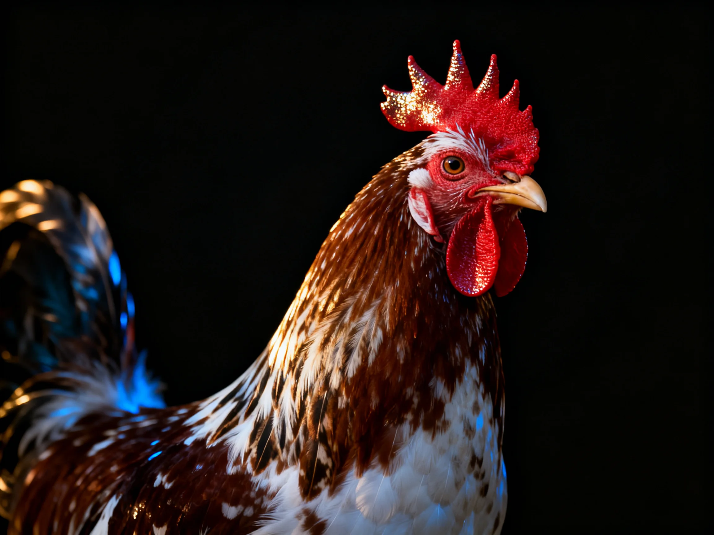 A vibrant rooster with red comb and brown-white plumage against dark backdrop