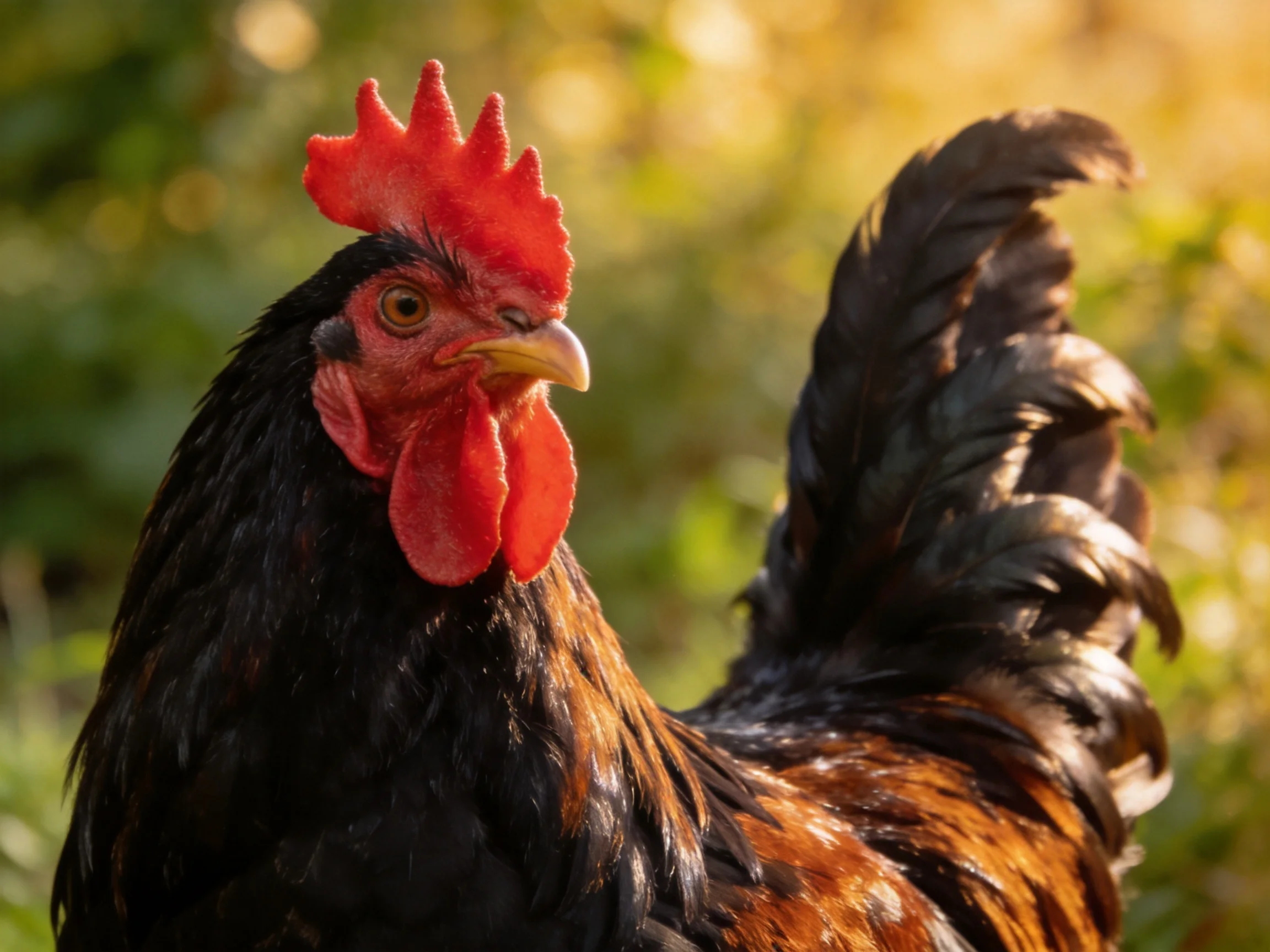 A rooster with a bright red comb is highlighted against a blurred natural background.
