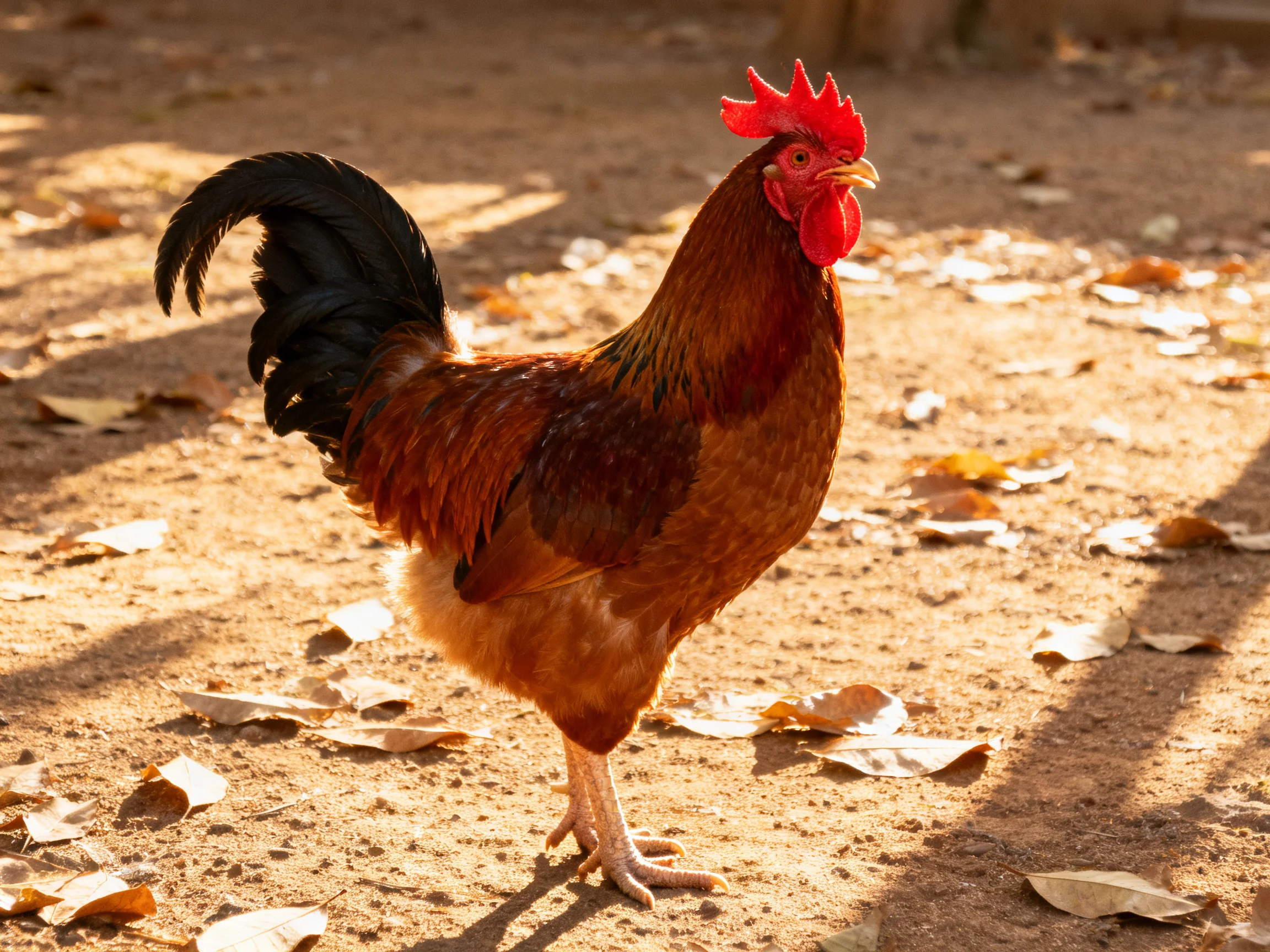 A rooster with a red comb and dark tail stands on sunlit dirt ground among scattered dry leaves.