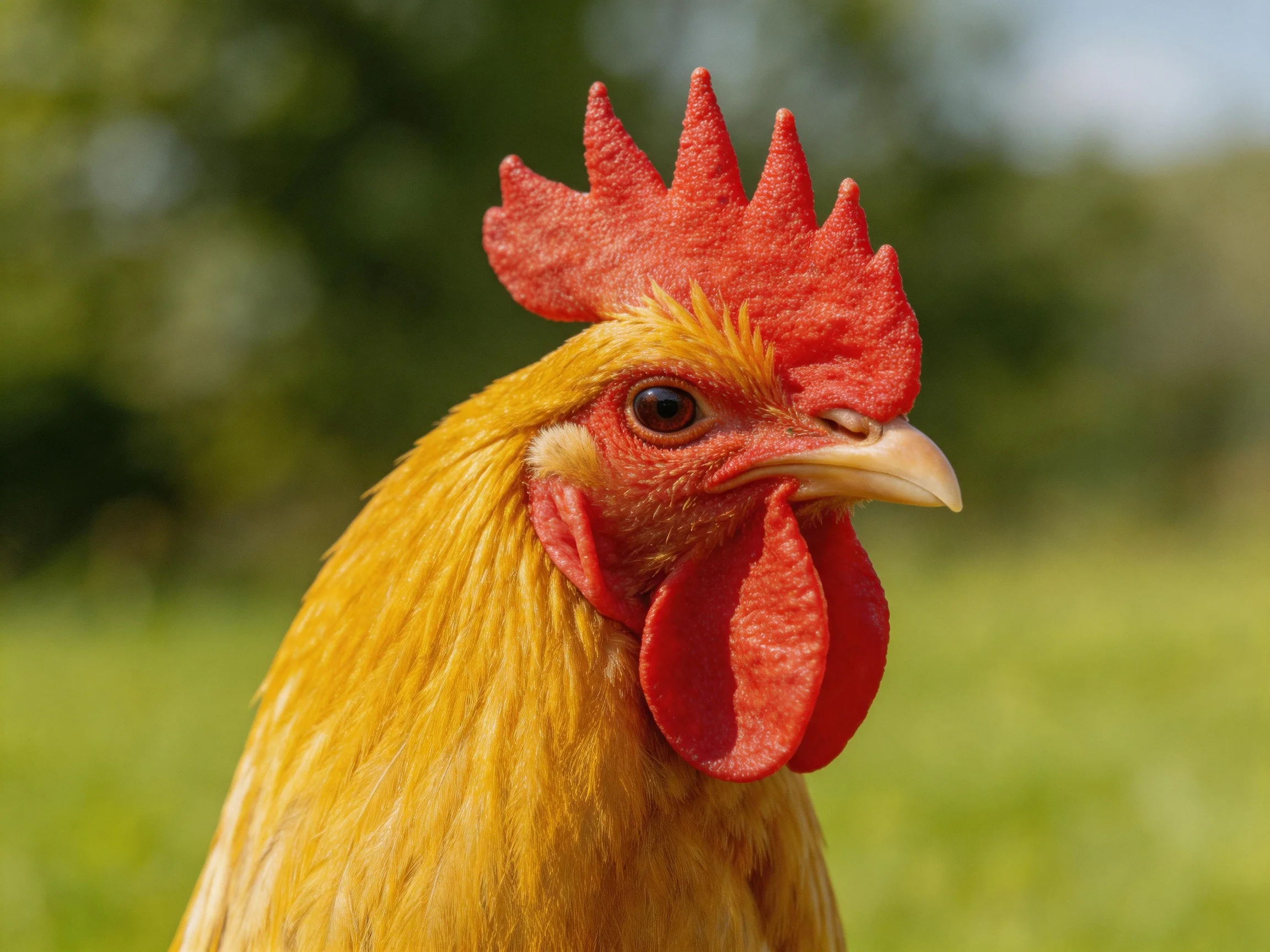 A vibrant rooster with red comb and golden feathers outdoors