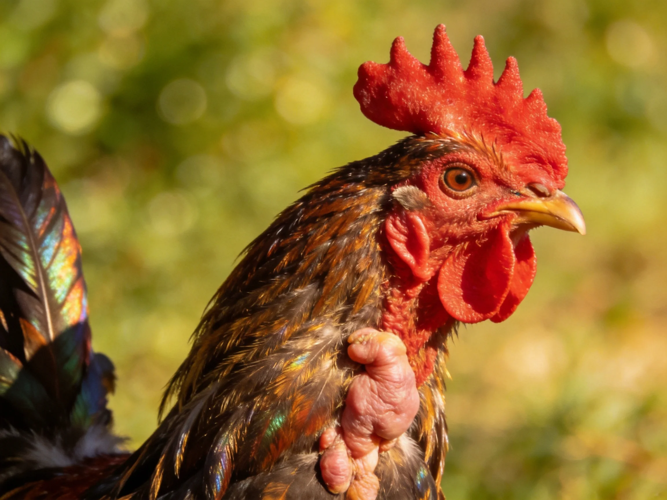 A vibrant rooster with red comb and iridescent brown feathers