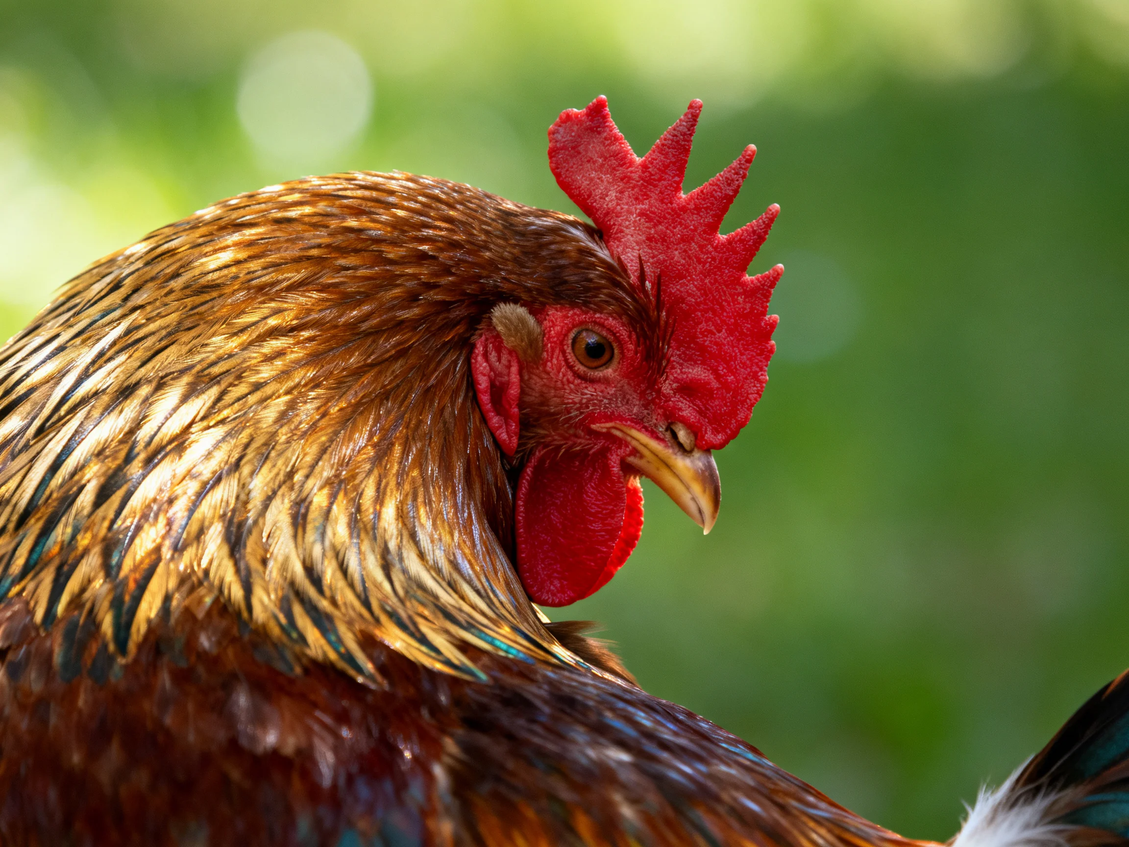 A vibrant rooster with red comb and multicolored plumage