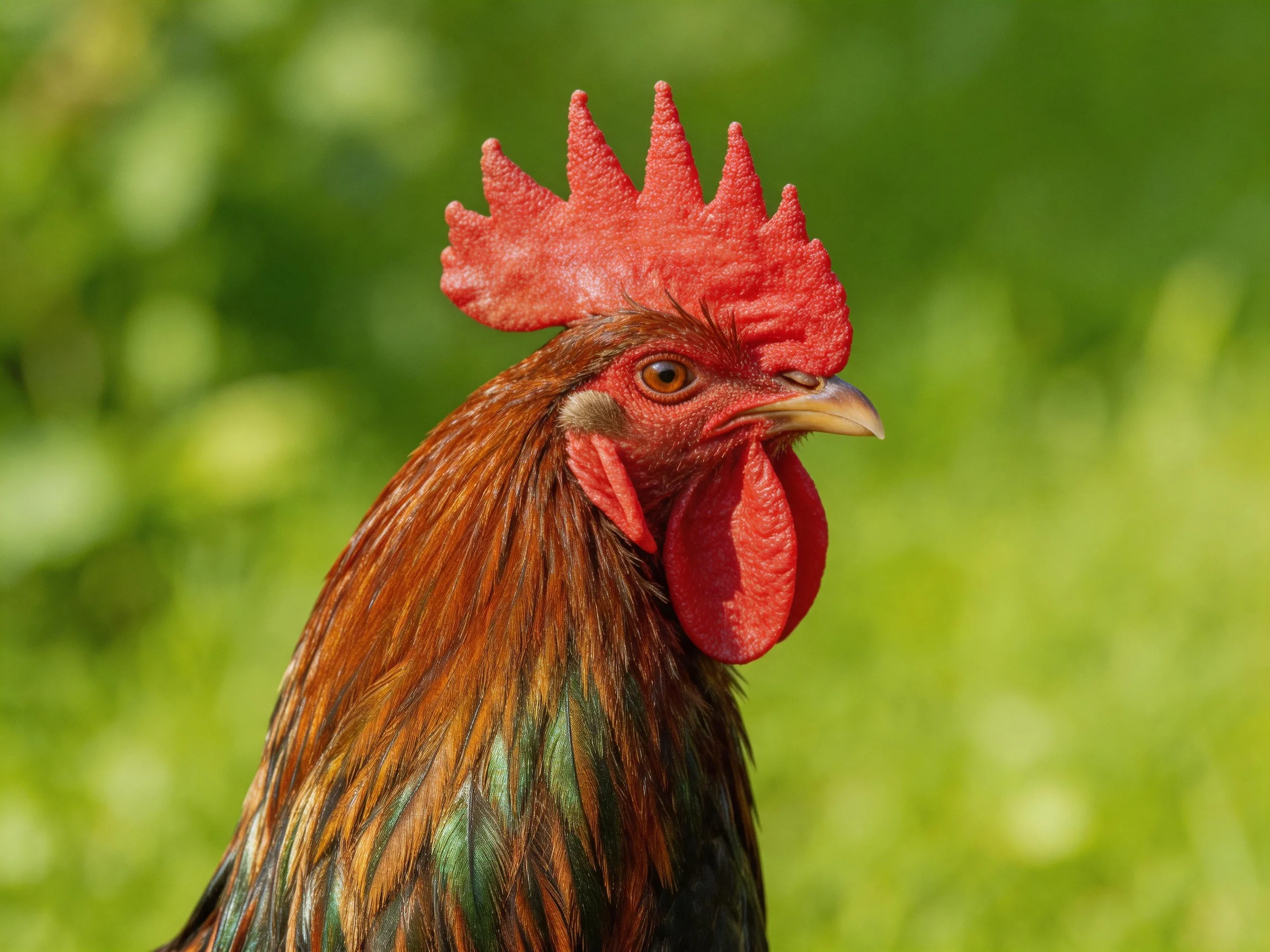 A vibrant rooster with red comb and multicolored plumage against a green backdrop