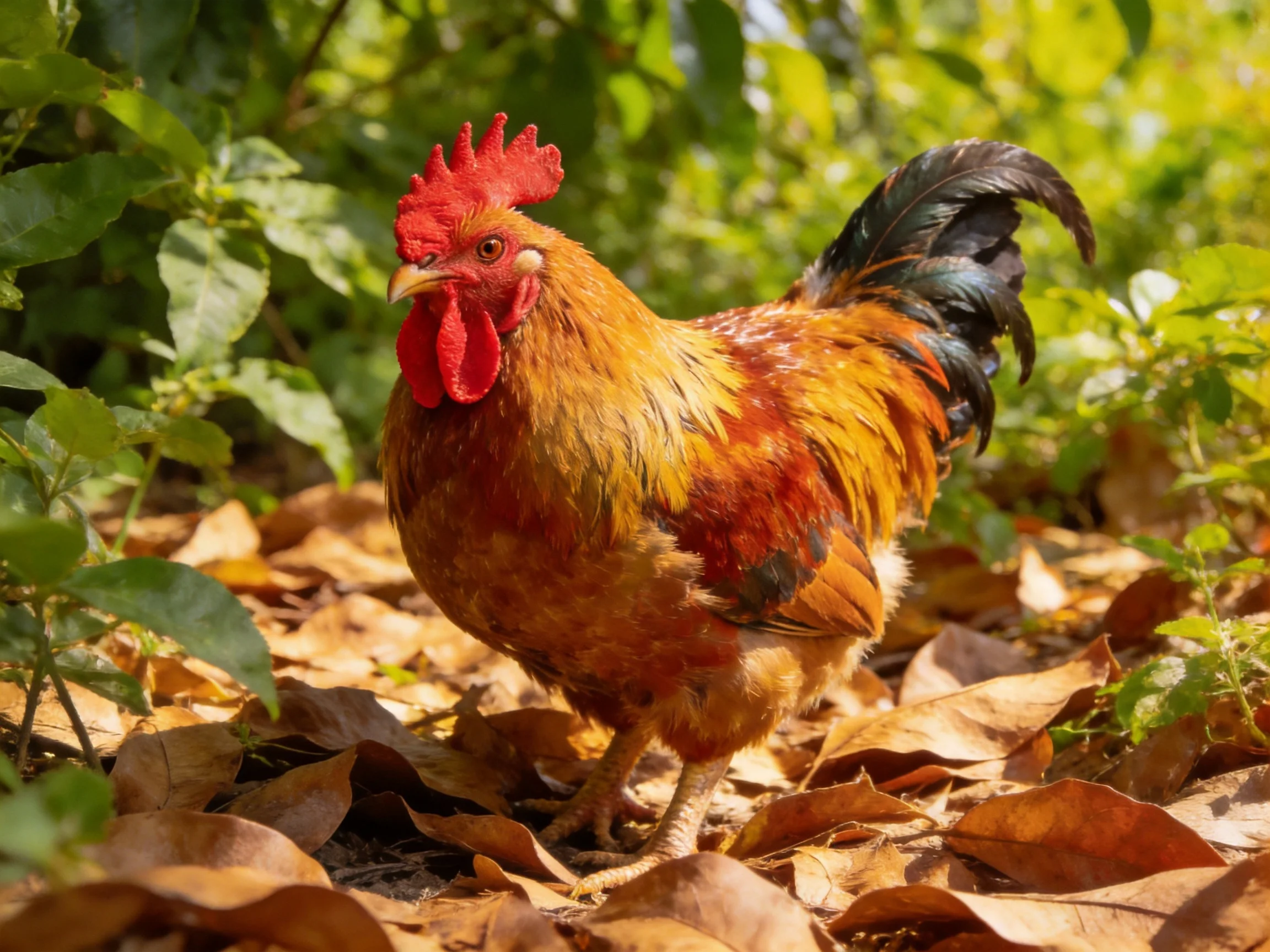 A rooster with colorful plumage stands among dry leaves in a leafy outdoor setting.